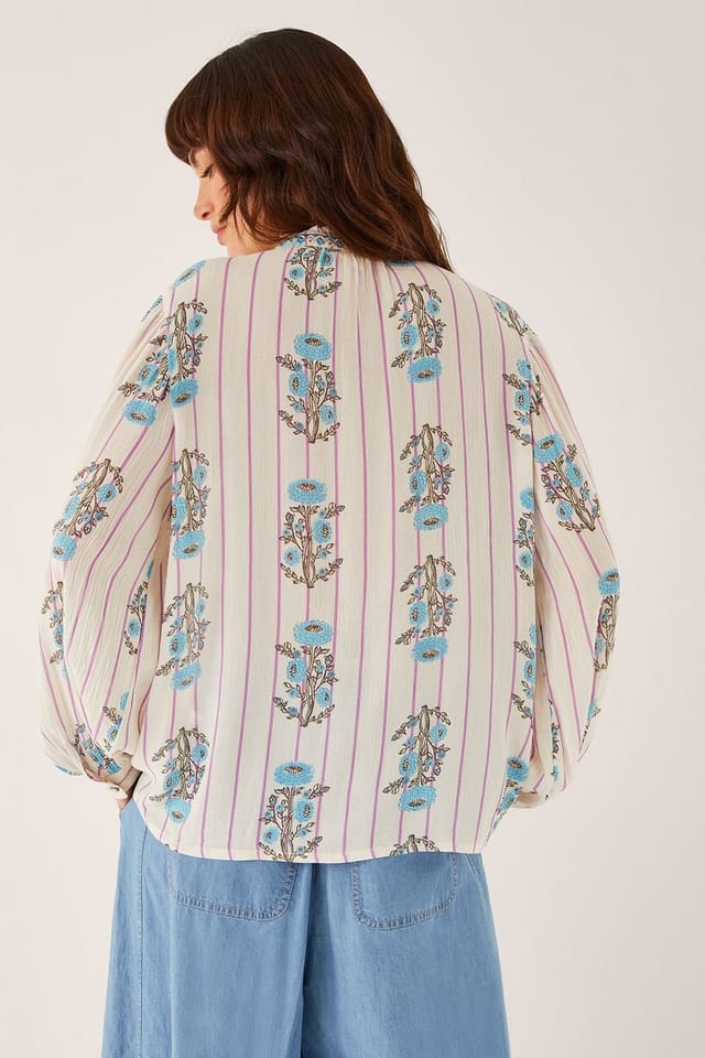 Monsoon Monsoon Women's Elora Floral Stripe Tie Blouse Ivory - 2