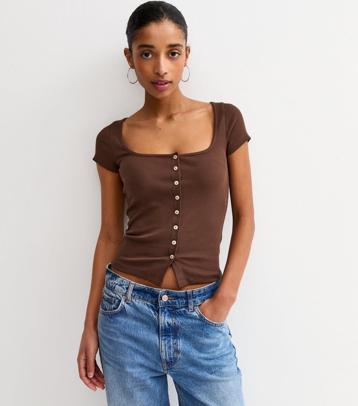New Look Women's Dark Brown Square Neck Button Through T-Shirt New Look