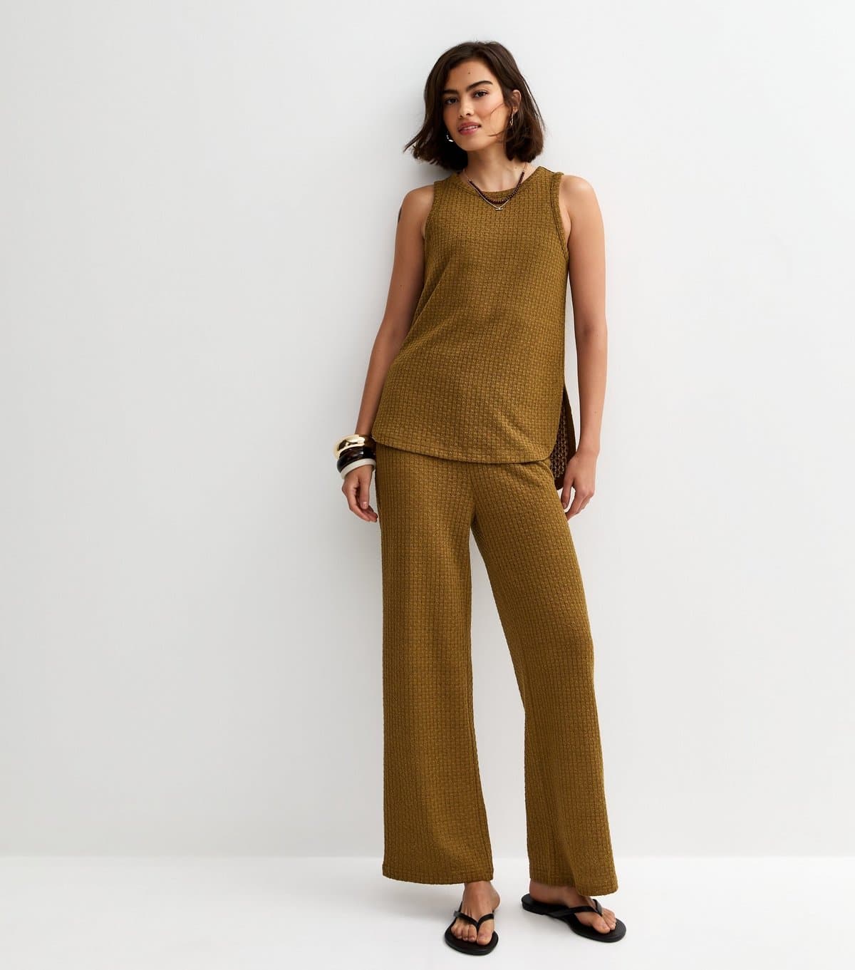 New Look Women's Khaki Brown Textured Wide Leg Trousers New Look