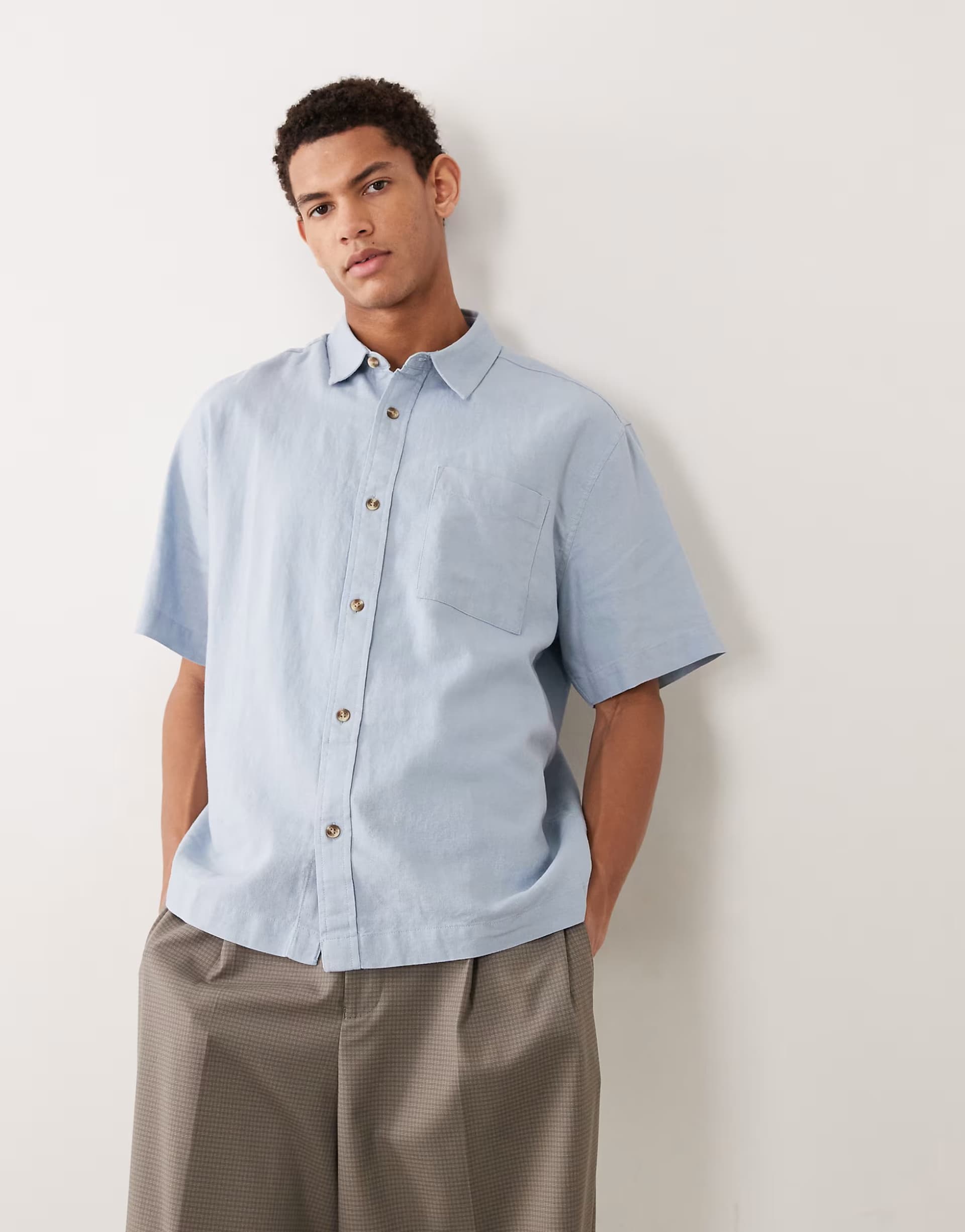 ASOS ASOS DESIGN Light Blue Linen Blend Shirt