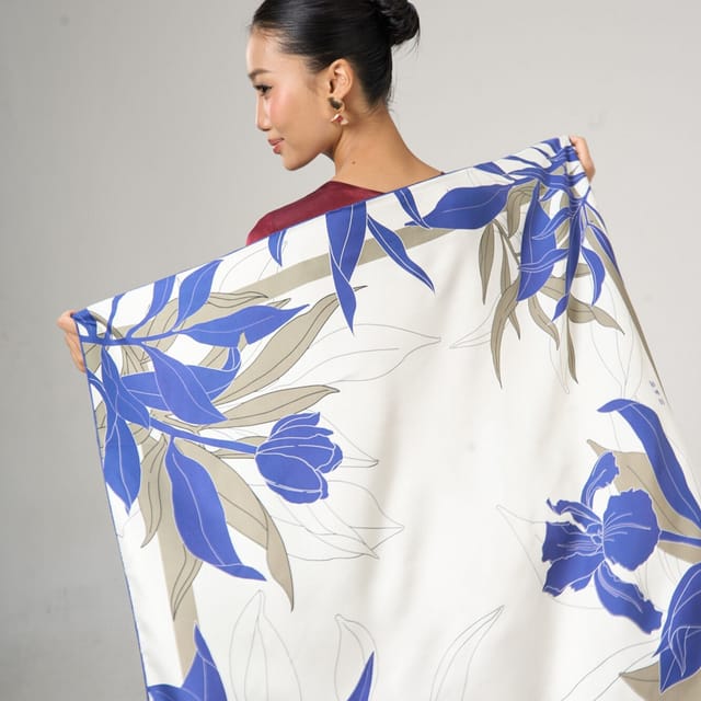 Silk and Bears Silk and Bears Women's Navy Botanical Silk Twill Scarf - Hand-Rolled Edges, Ivory - 2
