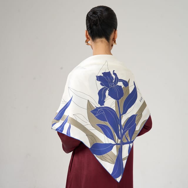 Silk and Bears Silk and Bears Women's Navy Botanical Silk Twill Scarf - Hand-Rolled Edges, Ivory - 3