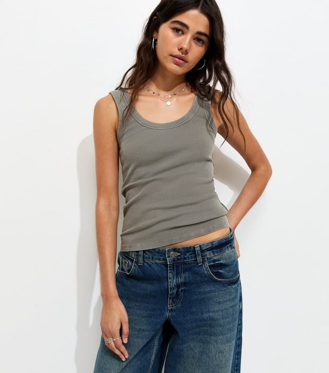 New Look Women's Dark Grey Cotton Rich Ribbed Scoop Neck Vest Top New Look - 2