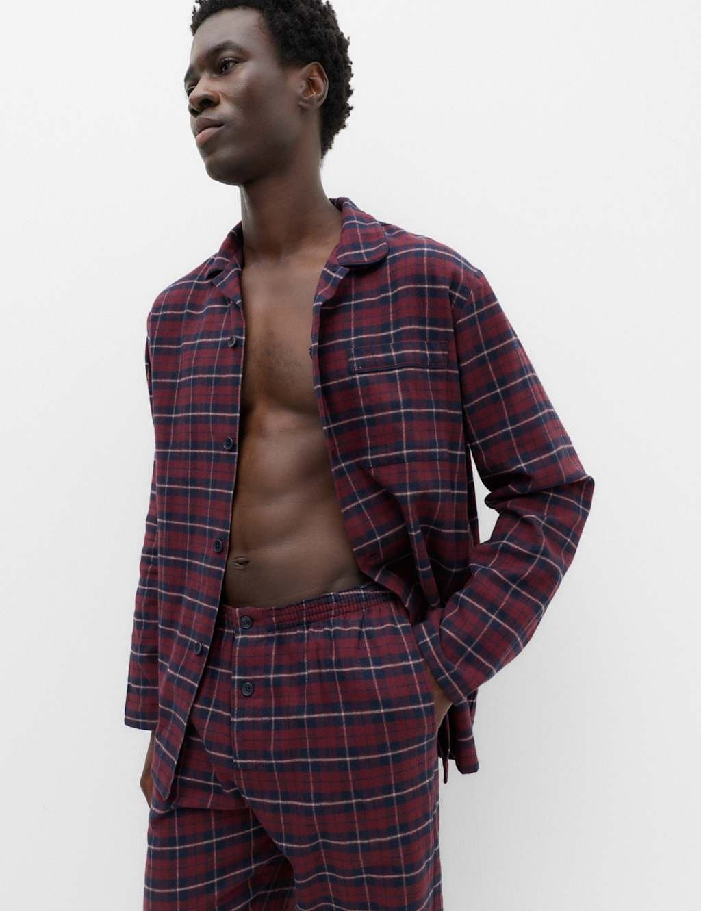 Marks & Spencer M&S Pure Cotton Brushed Checked Pyjama Set Burgundy Mix