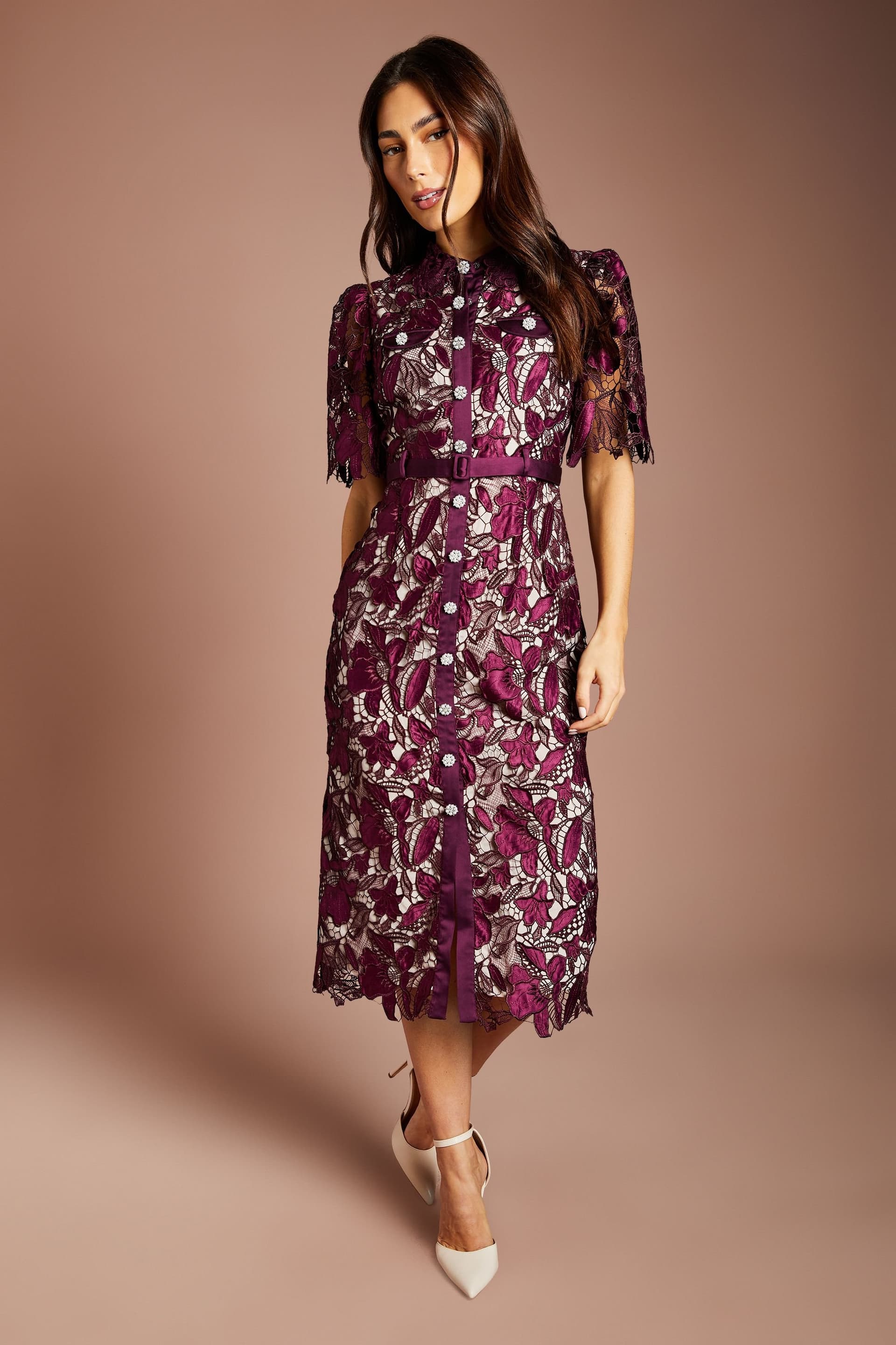 Coast Coast Women's Satin Lace Shirt Dress in Fig