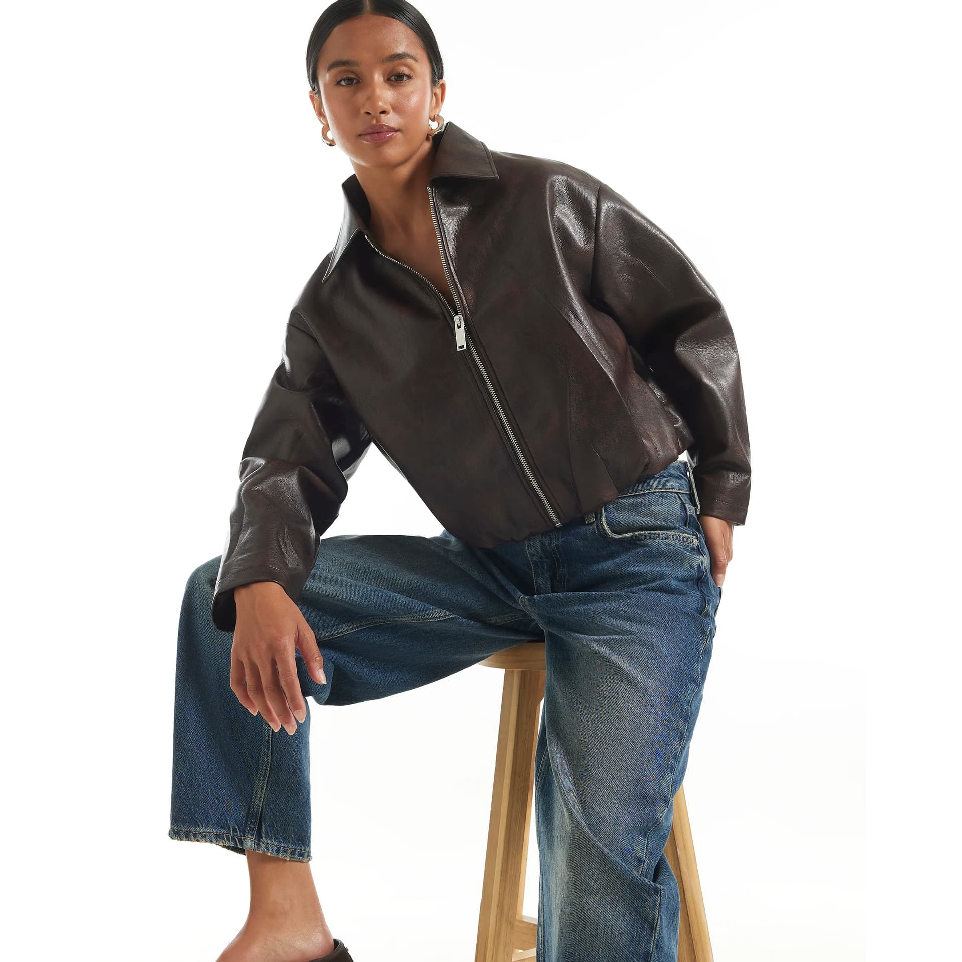River Island River Island Womens Petite Brown Faux Leather Bomber Jacket