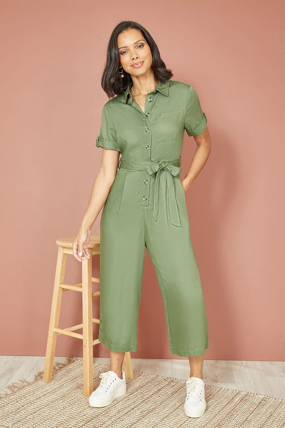 Yumi Yumi Women's Green Twill Viscose Utility Jumpsuit