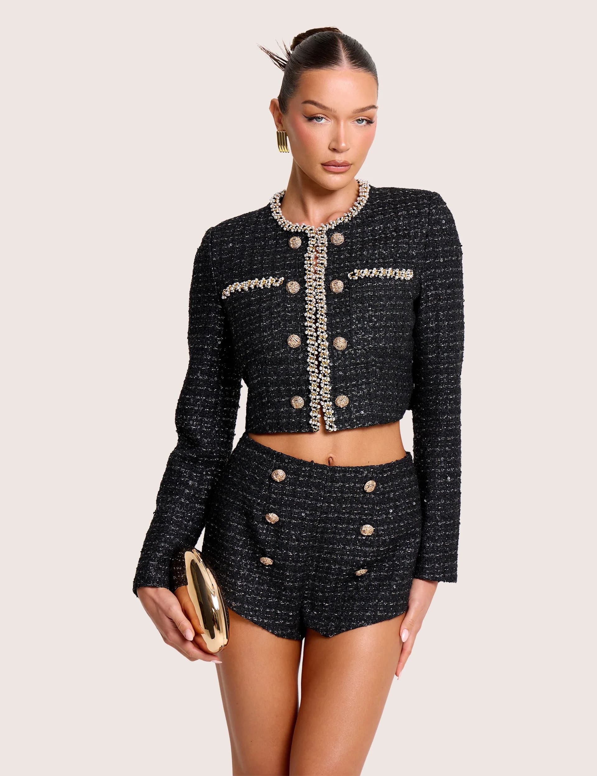 Public Desire Cropped Long Sleeve Boucle Gold Button Detail Blazer Black