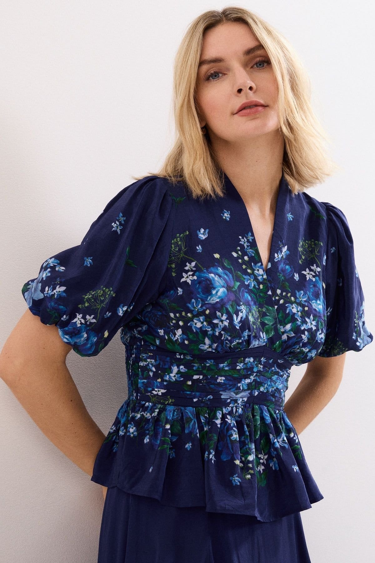 Phase Eight Navy Floral Puff Sleeve Blouse