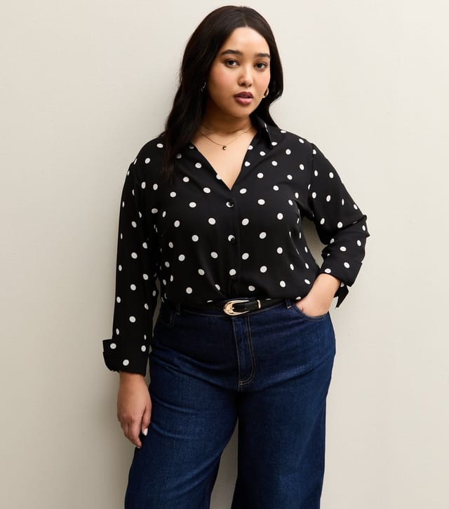 New Look Women's Plus Size Black Polka Dot Open Collar Shirt Curves New Look - 2