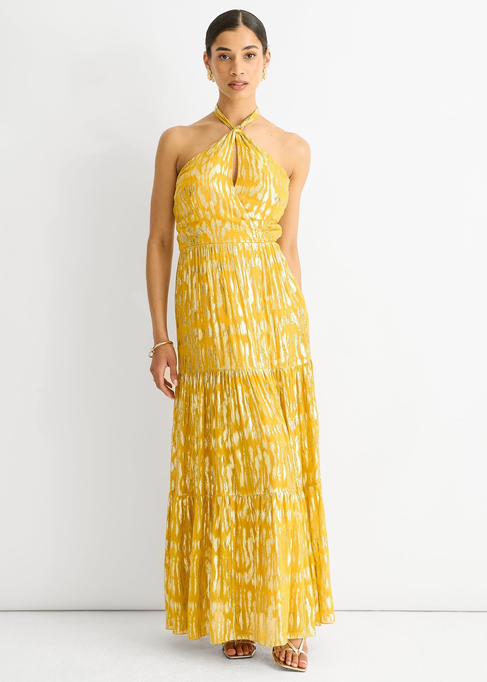 Gini London Yellow Animal Jacquard Halter Maxi Dress