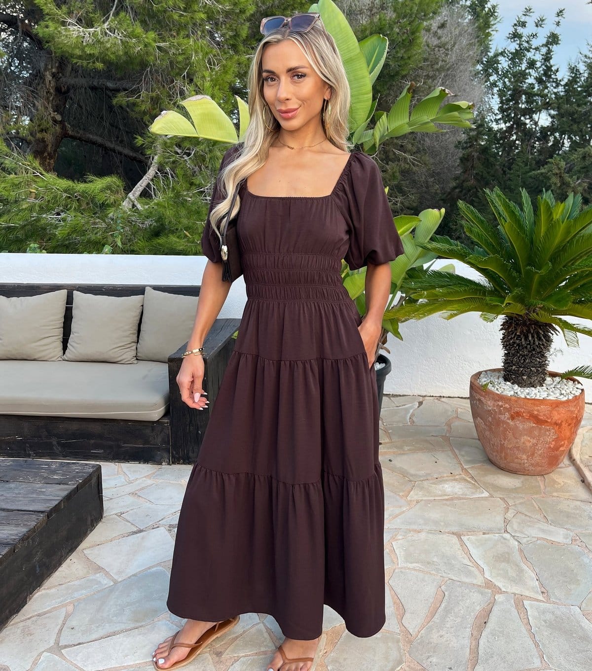 AX Paris Women's Dark Brown Puff Sleeve Smock Midi Dress AX Paris New Look - 1