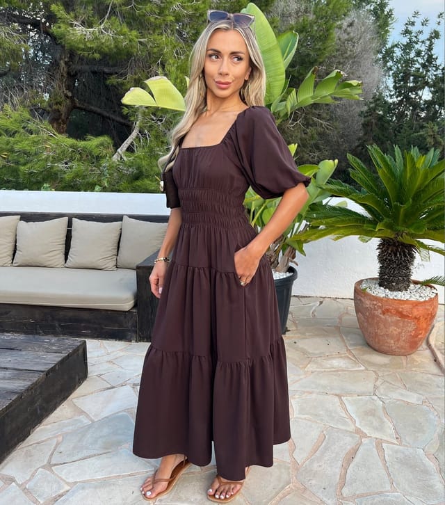 AX Paris Women's Dark Brown Puff Sleeve Smock Midi Dress AX Paris New Look - 2