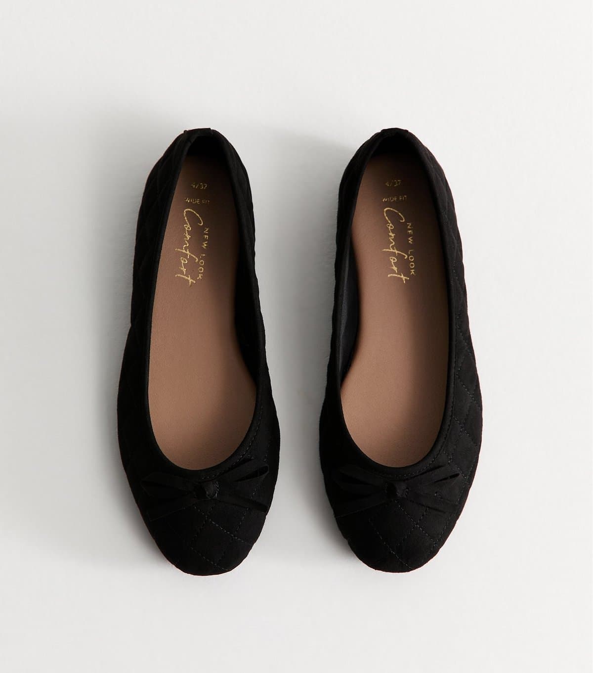 New Look Women's Wide Fit Black Faux Suede Quilted Ballerina Flats Vegan New Look