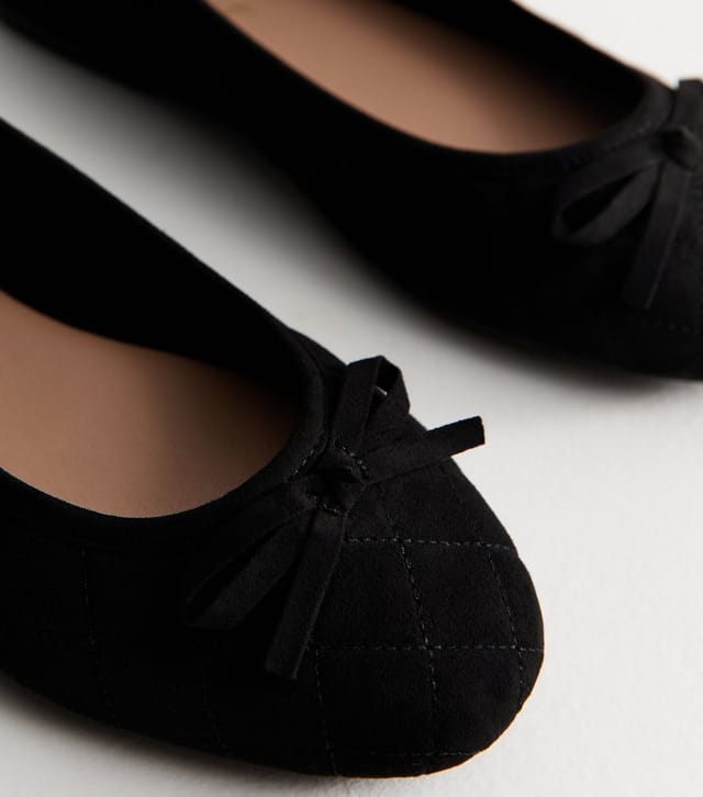 New Look Women's Wide Fit Black Faux Suede Quilted Ballerina Flats Vegan New Look - 3