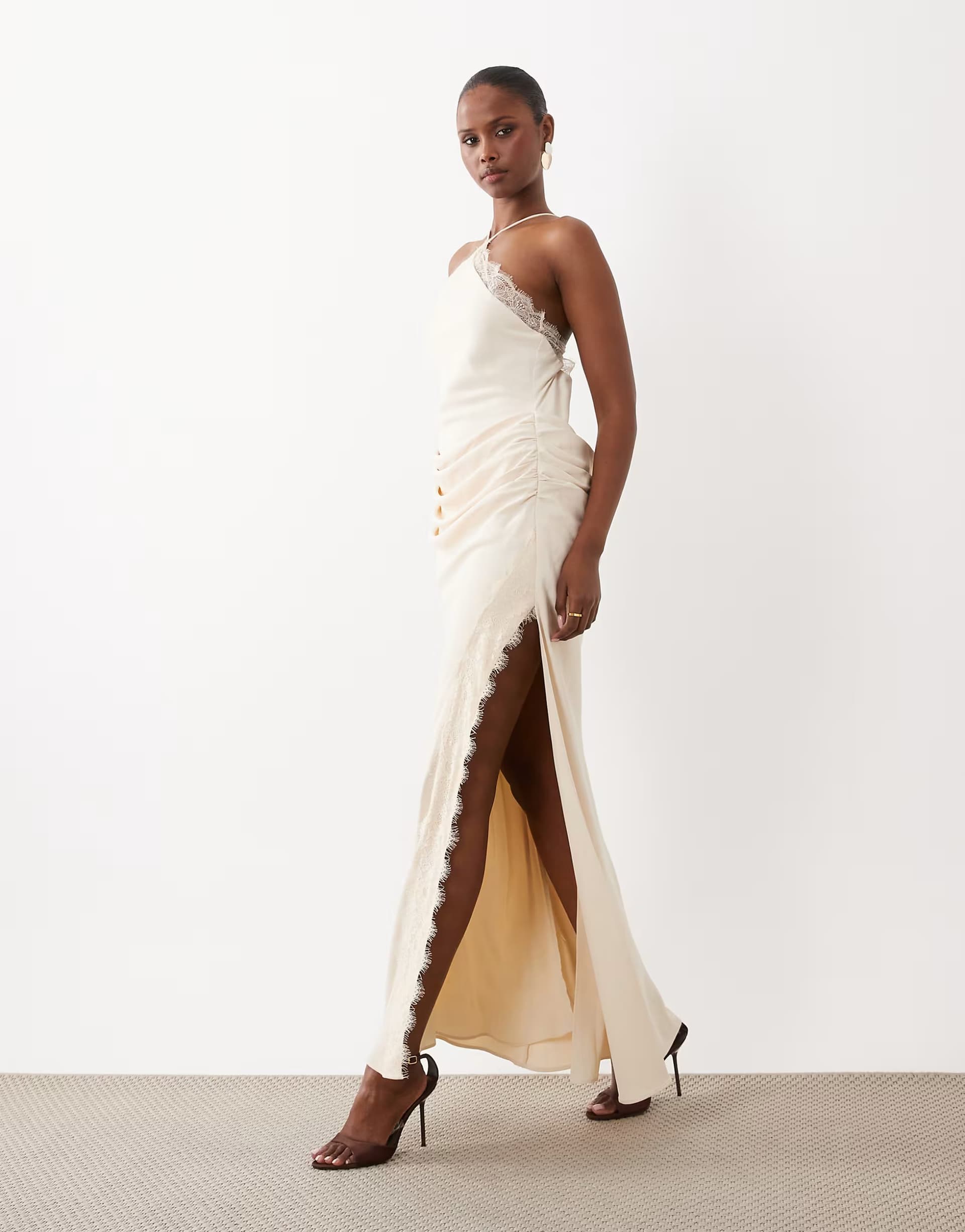ASOS ASOS DESIGN lace trim halter neck midaxi dress with drape front in ivory