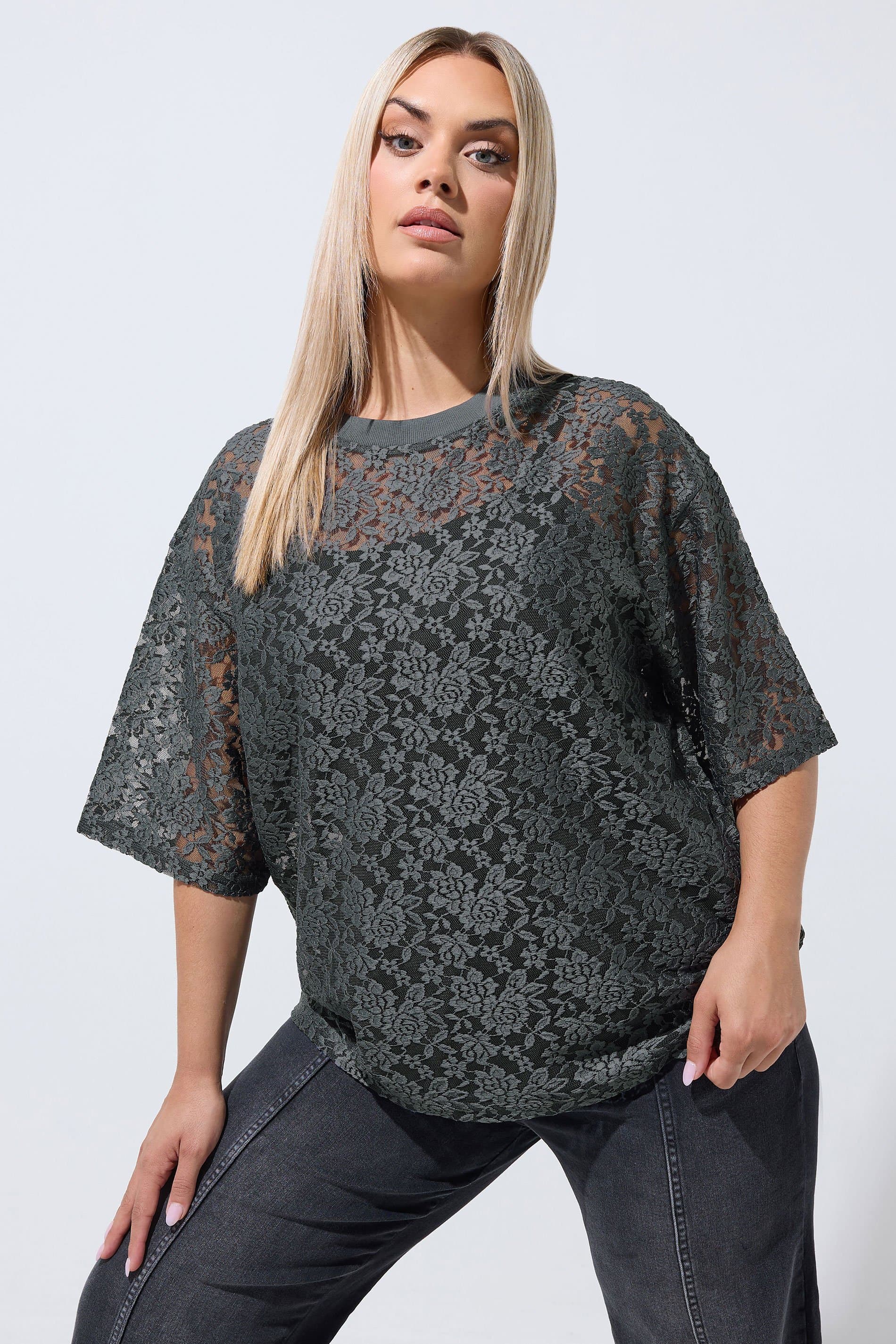 Limited Collection Plus Size Grey All Over Lace Tshirt