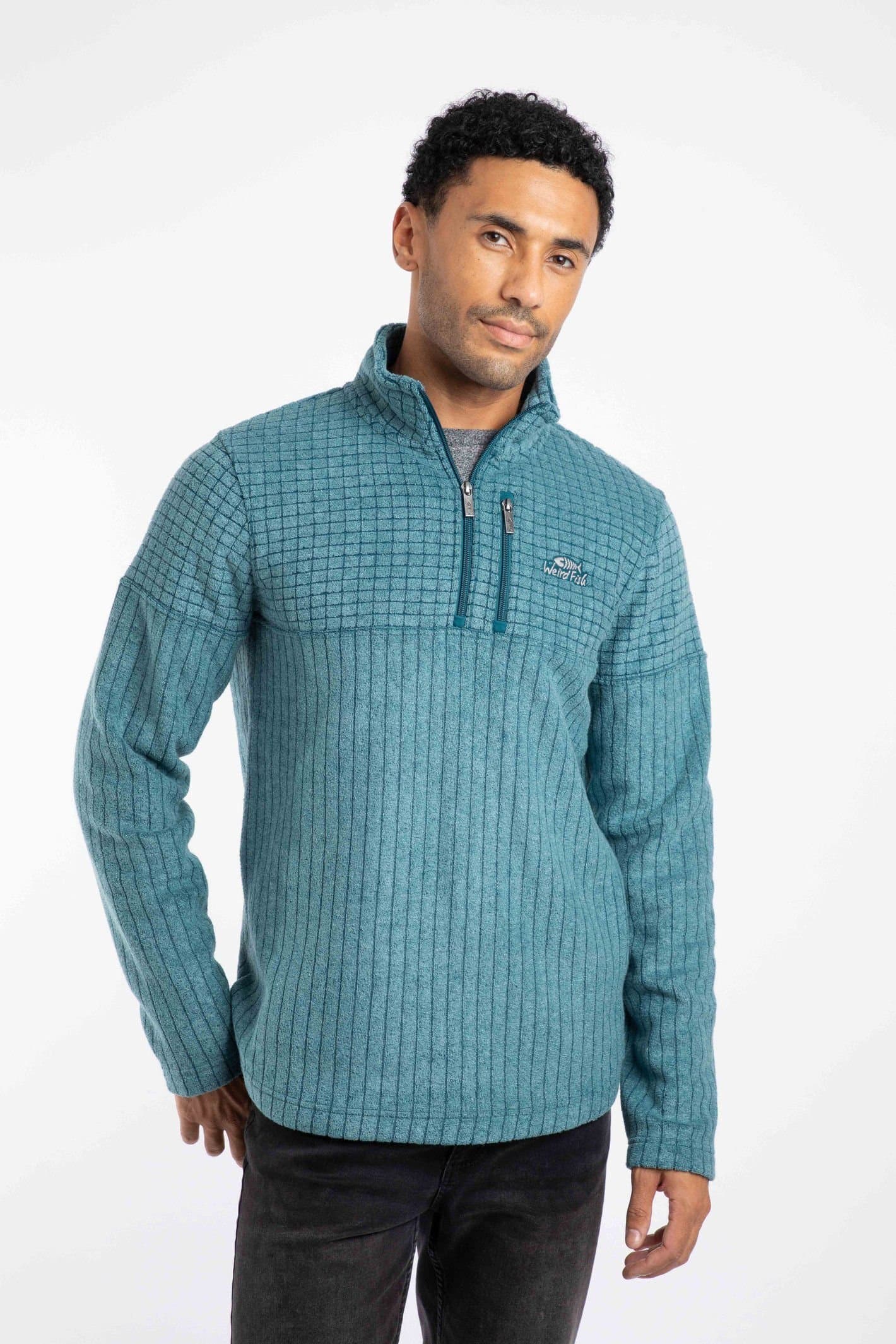 Weird Fish Weird Fish Men's Longmont 1/4 Zip Stripe Grid Fleece in Pale Blue