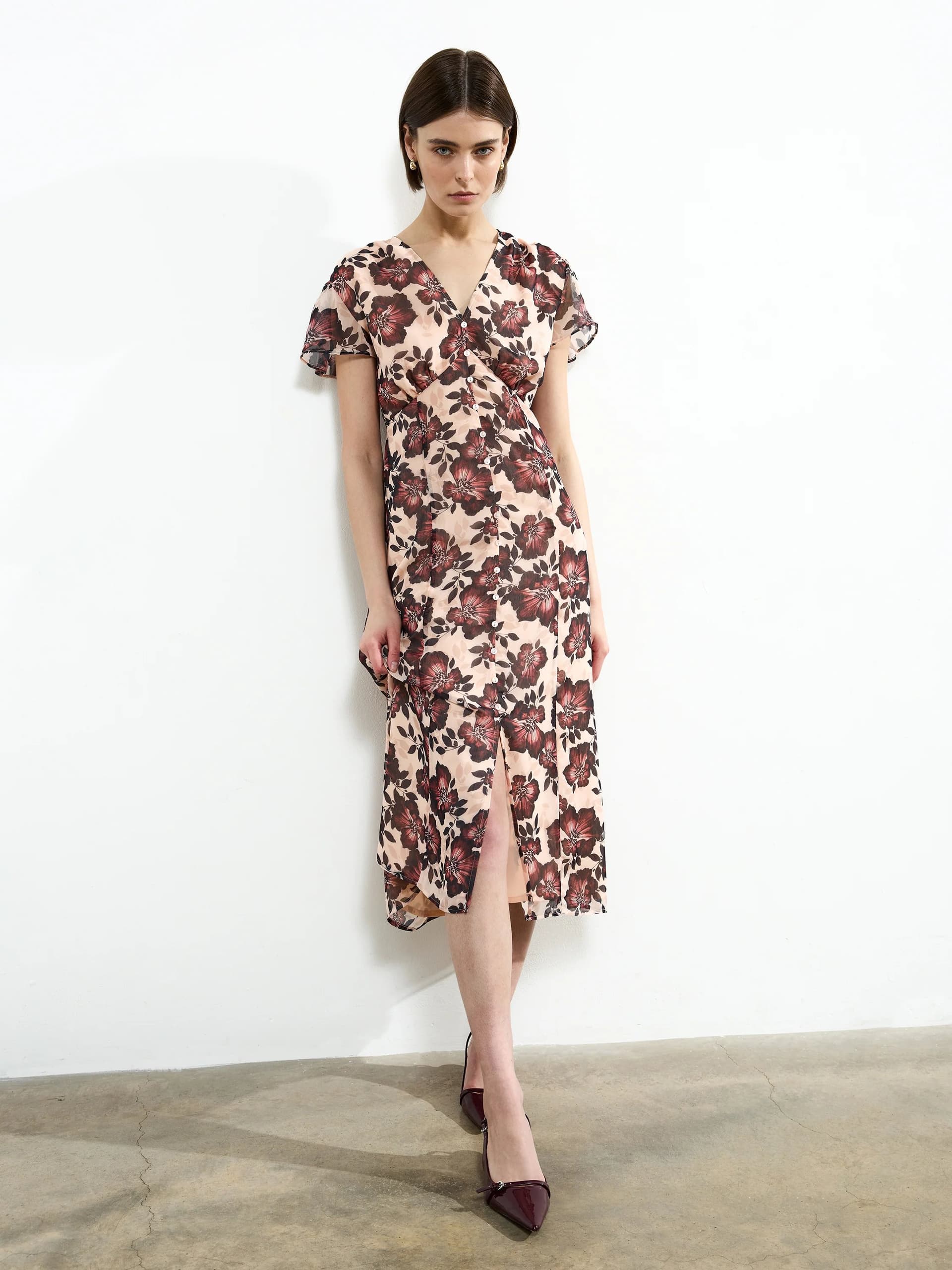 French Connection Elyse Flutter Sleeve Tea Dress Black Multi