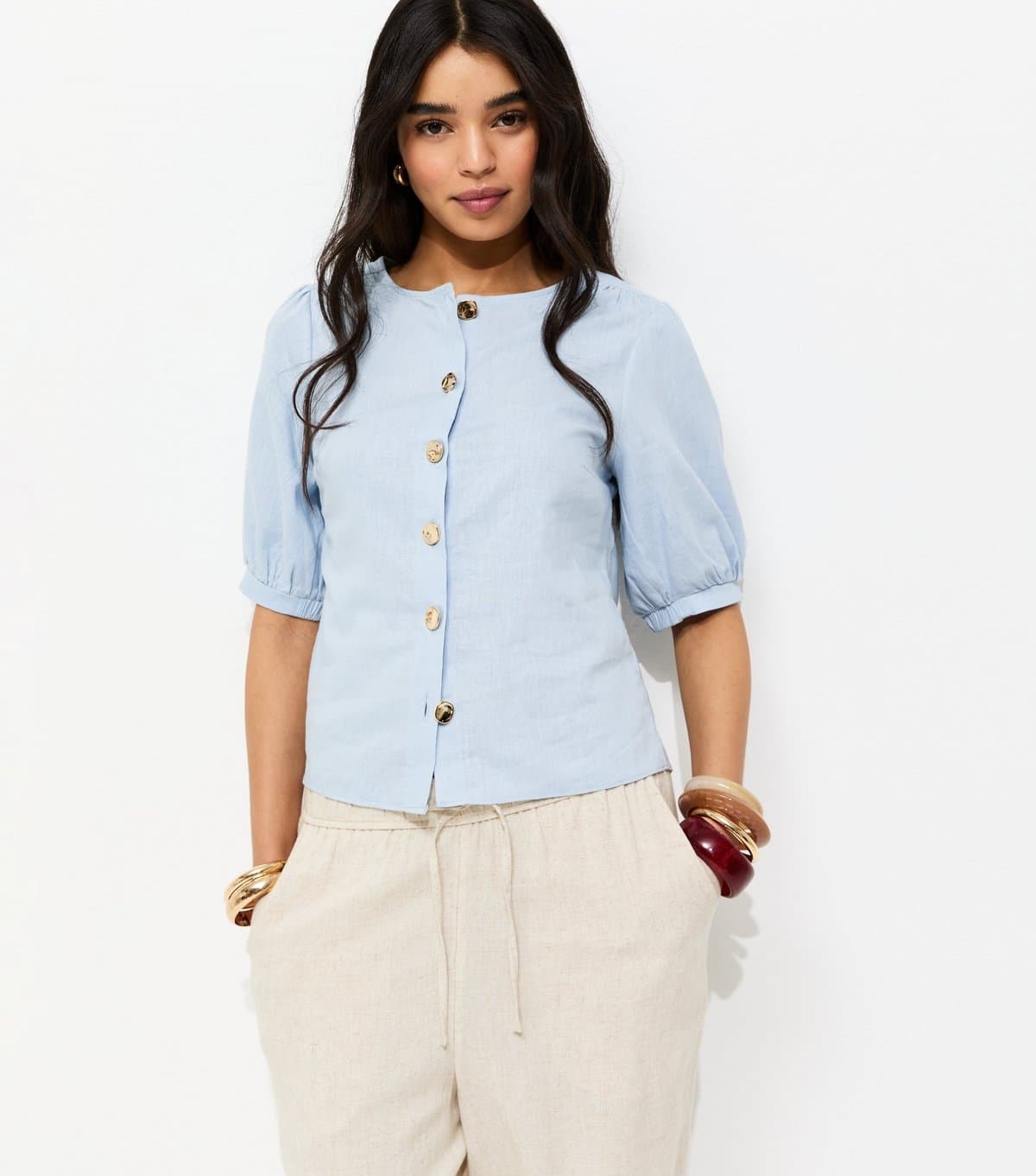 New Look New Look Blue Linen Blend Gold Tone Textured Button Blouse