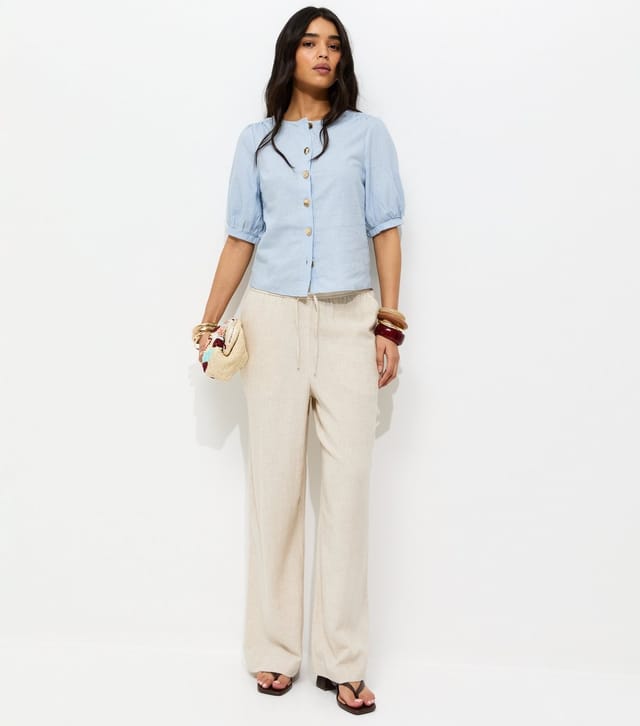 New Look Women's Blue Linen Blend Gold Tone Textured Button Blouse New Look - 3