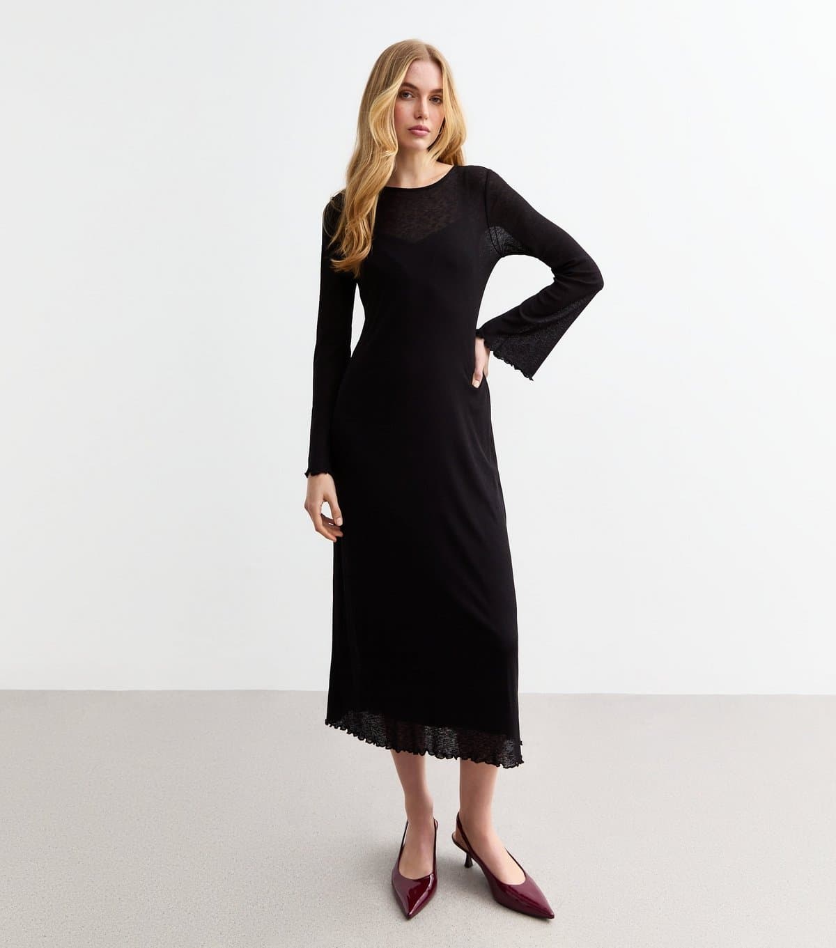 New Look Women's Black Frill Trim Sheer Mesh Midi Dress New Look