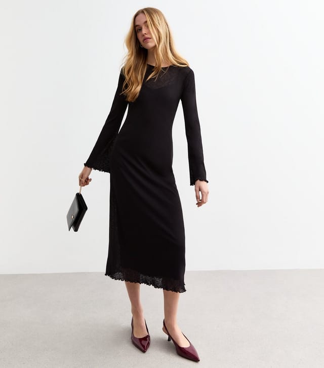 New Look Women's Black Frill Trim Sheer Mesh Midi Dress New Look - 3