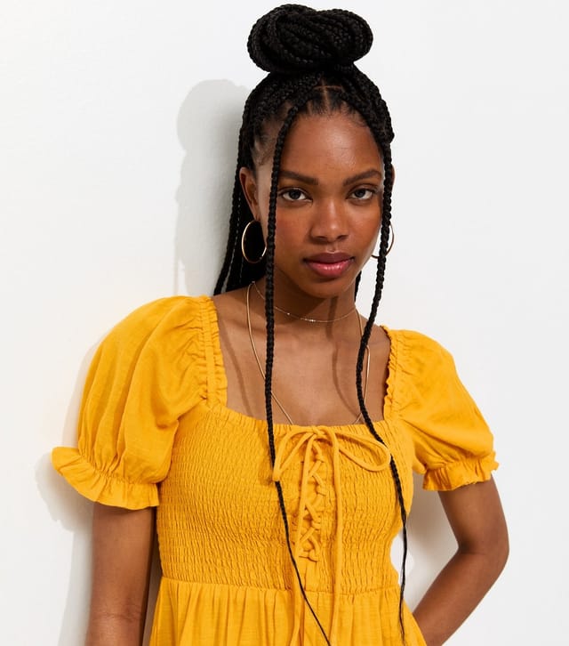New Look Women's Dark Yellow Cotton Shirred Short Sleeve Midi Dress New Look - 2