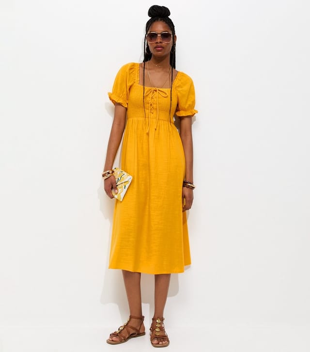 New Look Women's Dark Yellow Cotton Shirred Short Sleeve Midi Dress New Look - 3
