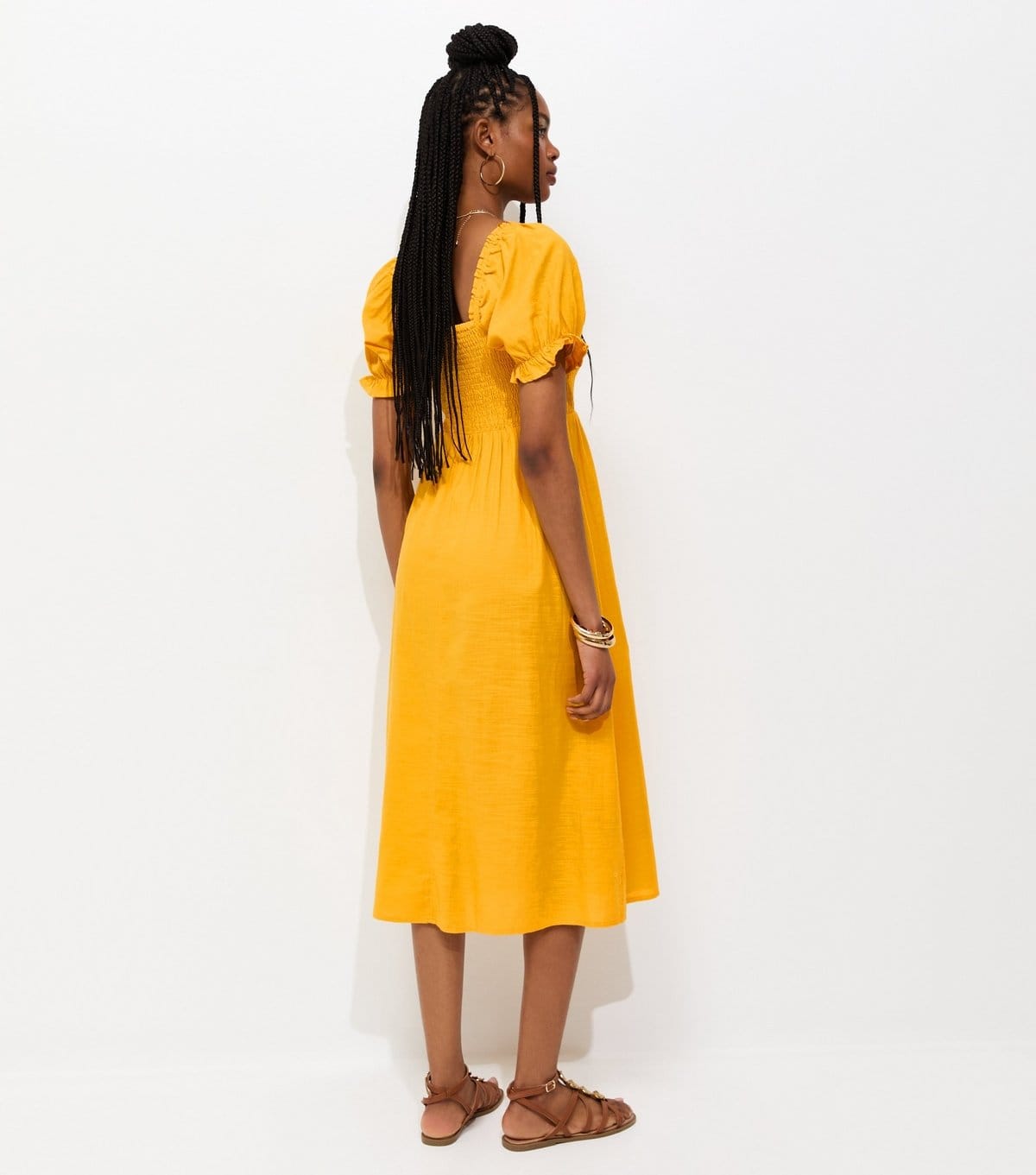 New Look Women's Dark Yellow Cotton Shirred Short Sleeve Midi Dress New Look - 4