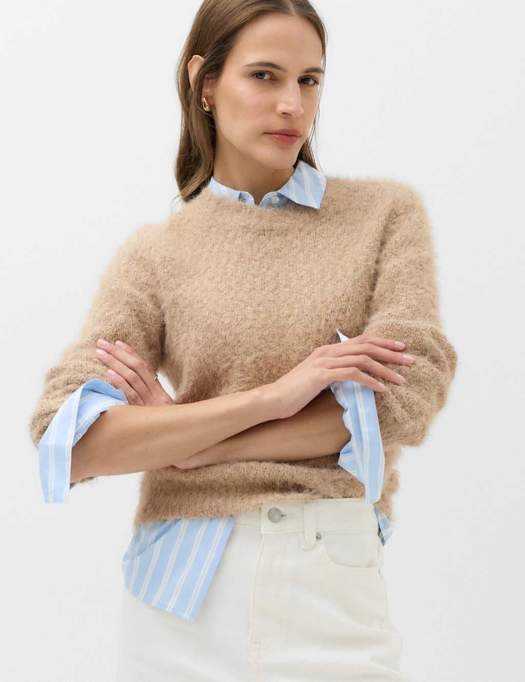 Marks & Spencer M&S Textured Crew Neck Jumper Medium Beige