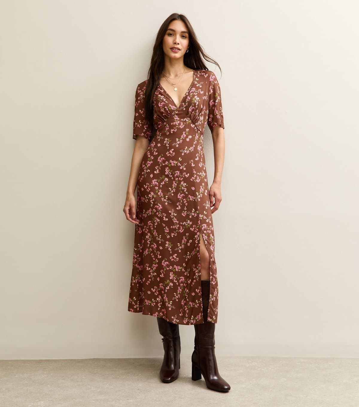 New Look Women's Brown Floral Print Slit Hem Midi Dress New Look