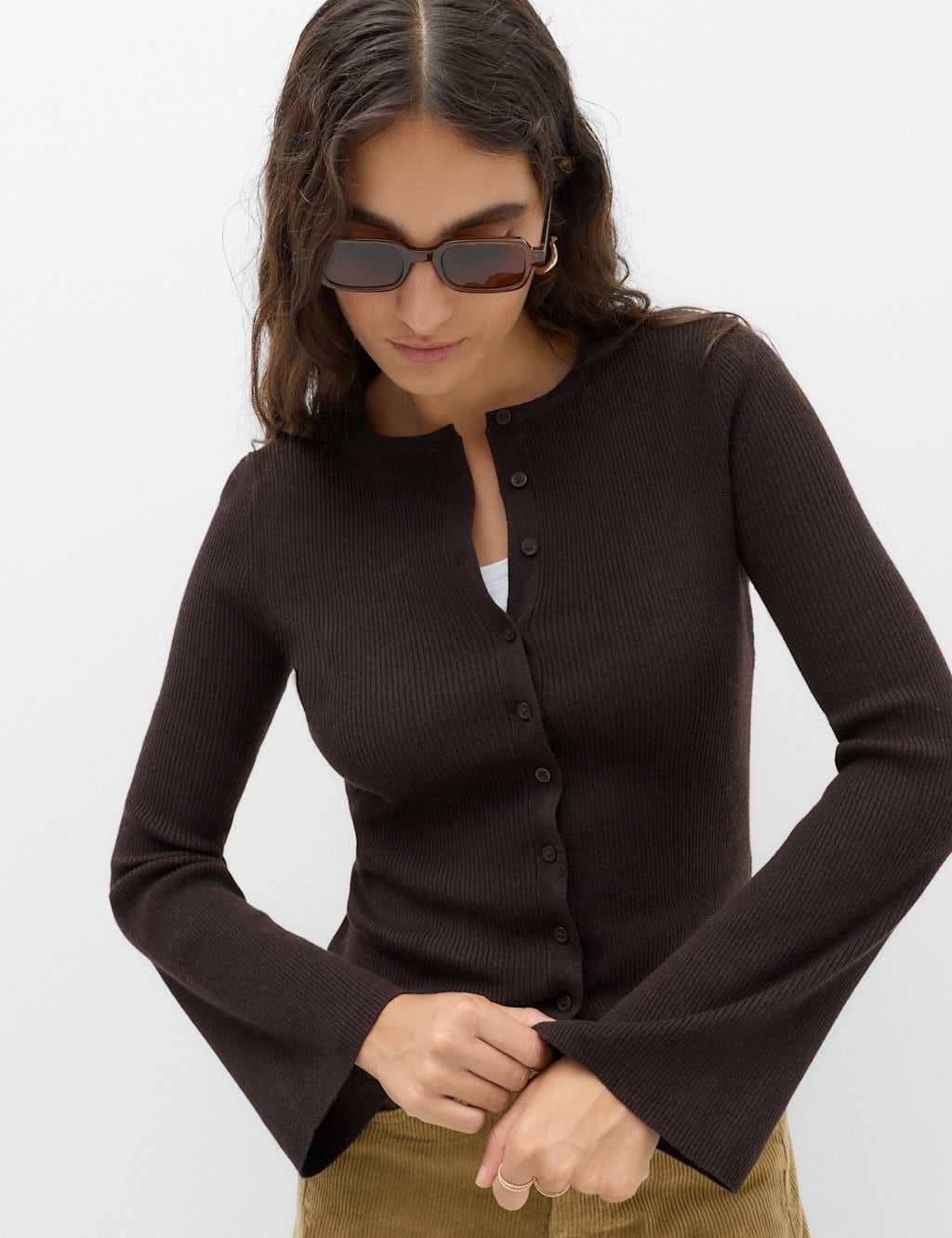 Marks & Spencer M&S Ribbed Slim Fit Cropped Cardigan with Wool Bitter Chocolate