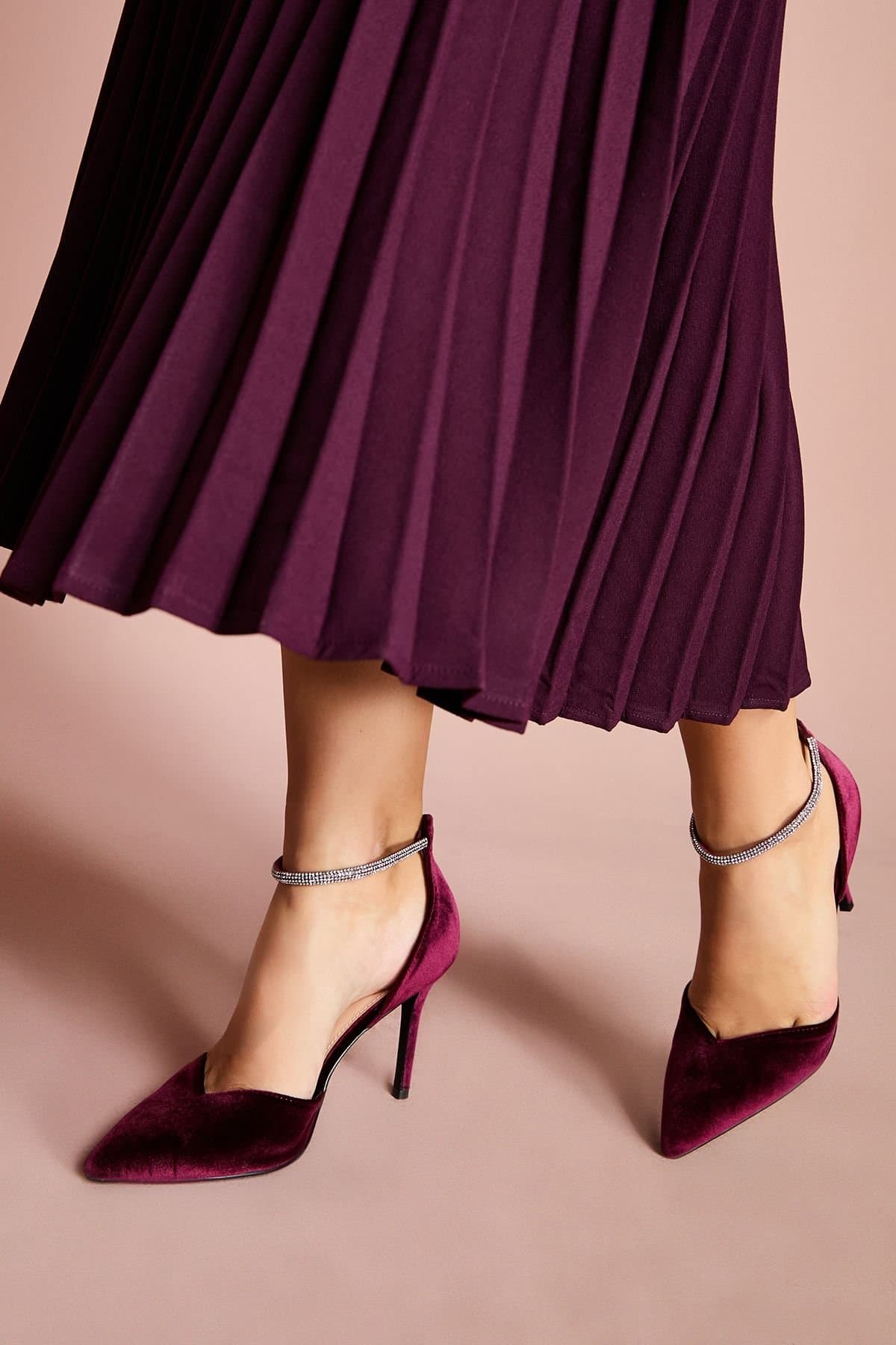 Coast Coast Women's Sicily Velvet Diamante Ankle Strap Pointed Court Shoes in Burgundy