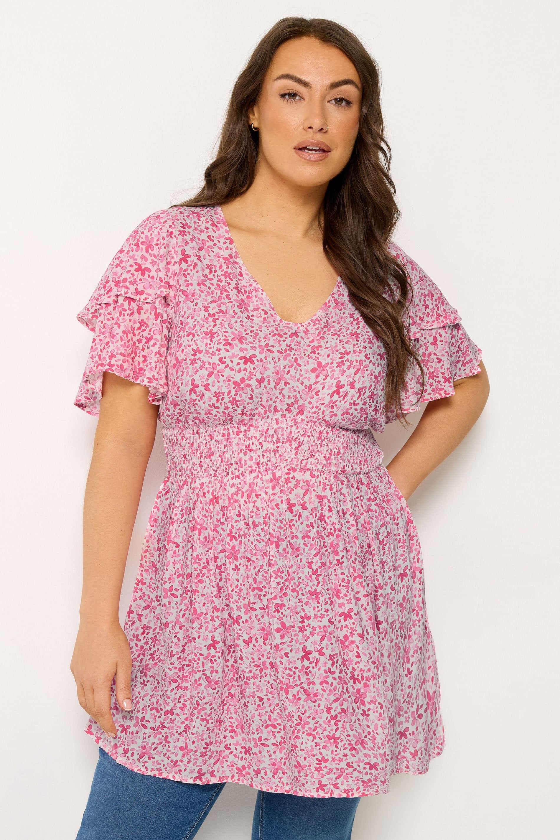 Yours Plus Size Pink Ditsy Print Flutter Sleeve Top