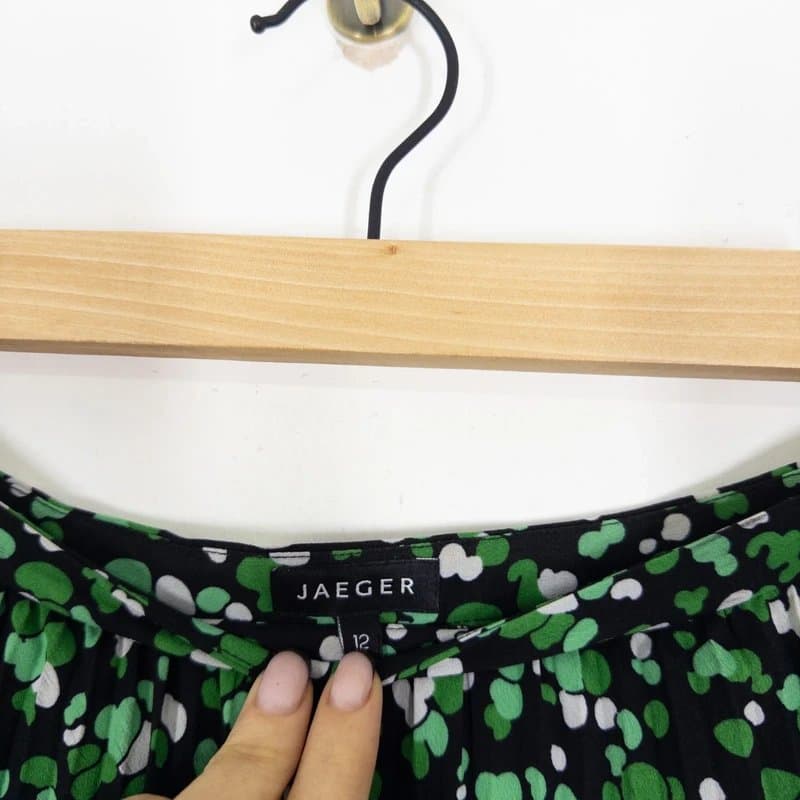 Jaeger Jaeger Pleated Midi Skirt Size 12 Black Green Ditsy Spot Print
