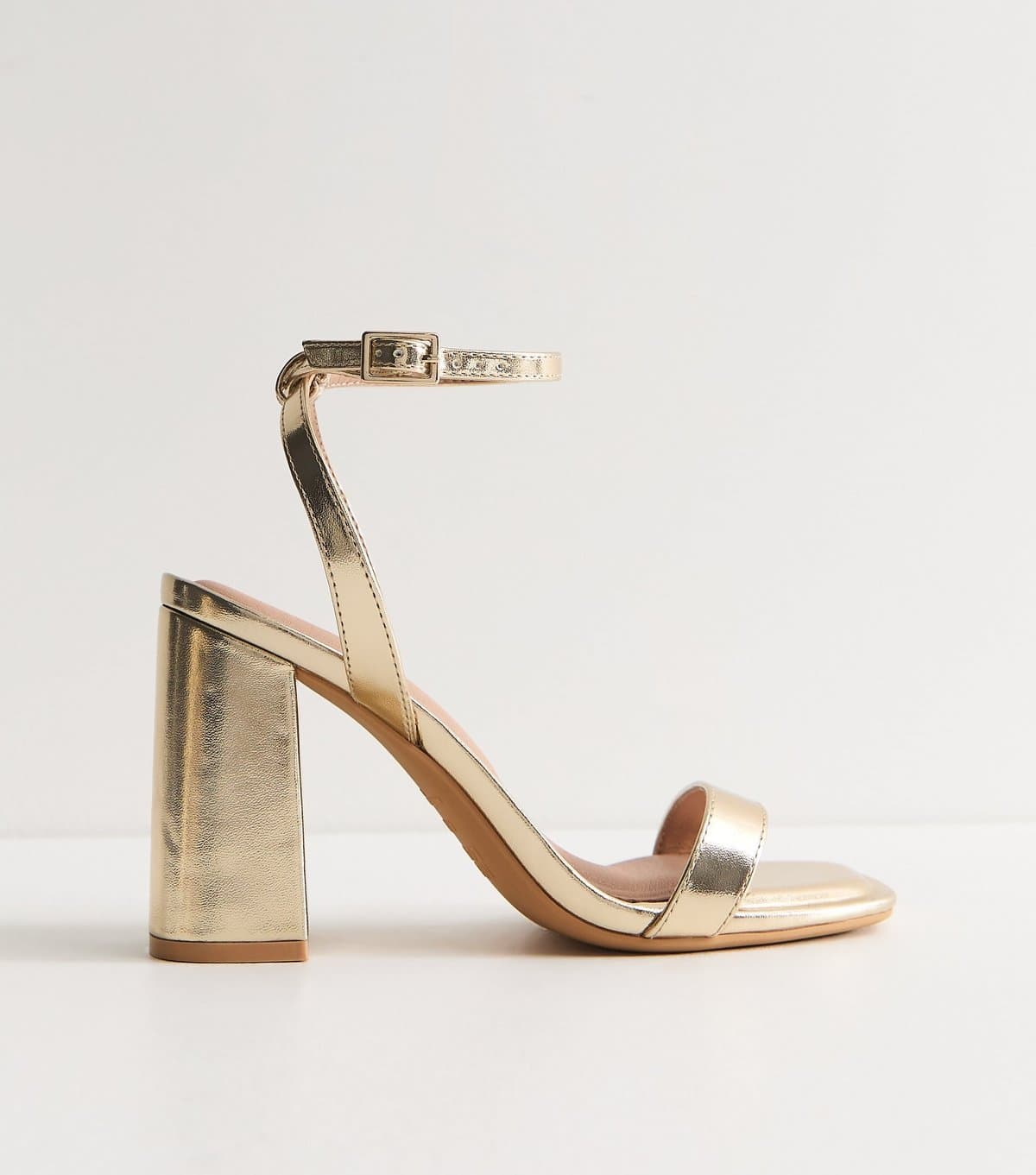 New Look Women's Gold Faux Leather High Block Heel Sandals Vegan New Look