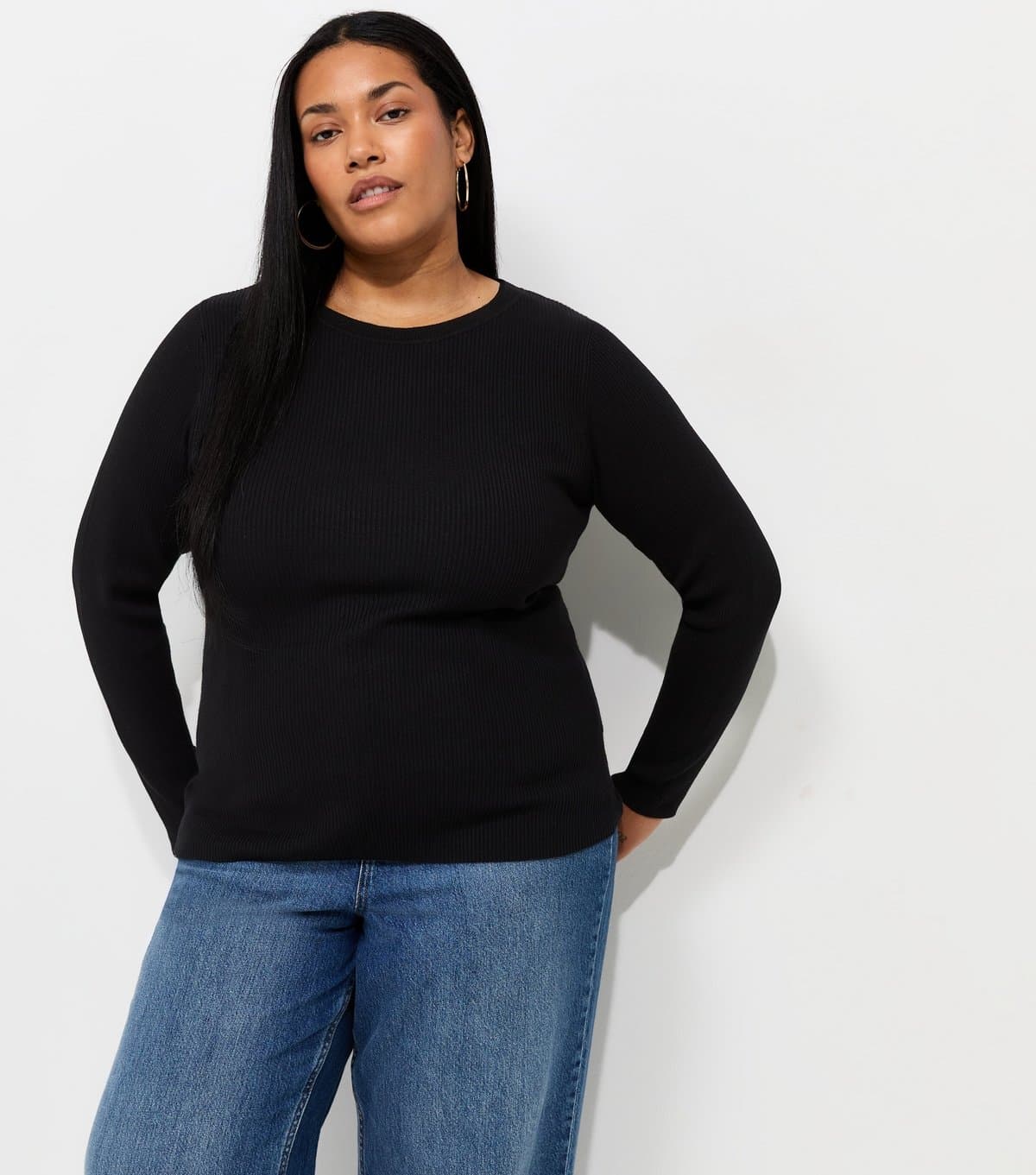 New Look Women's Plus Size Black Lightweight Ribbed Knit Crew Neck Jumper Curves New Look