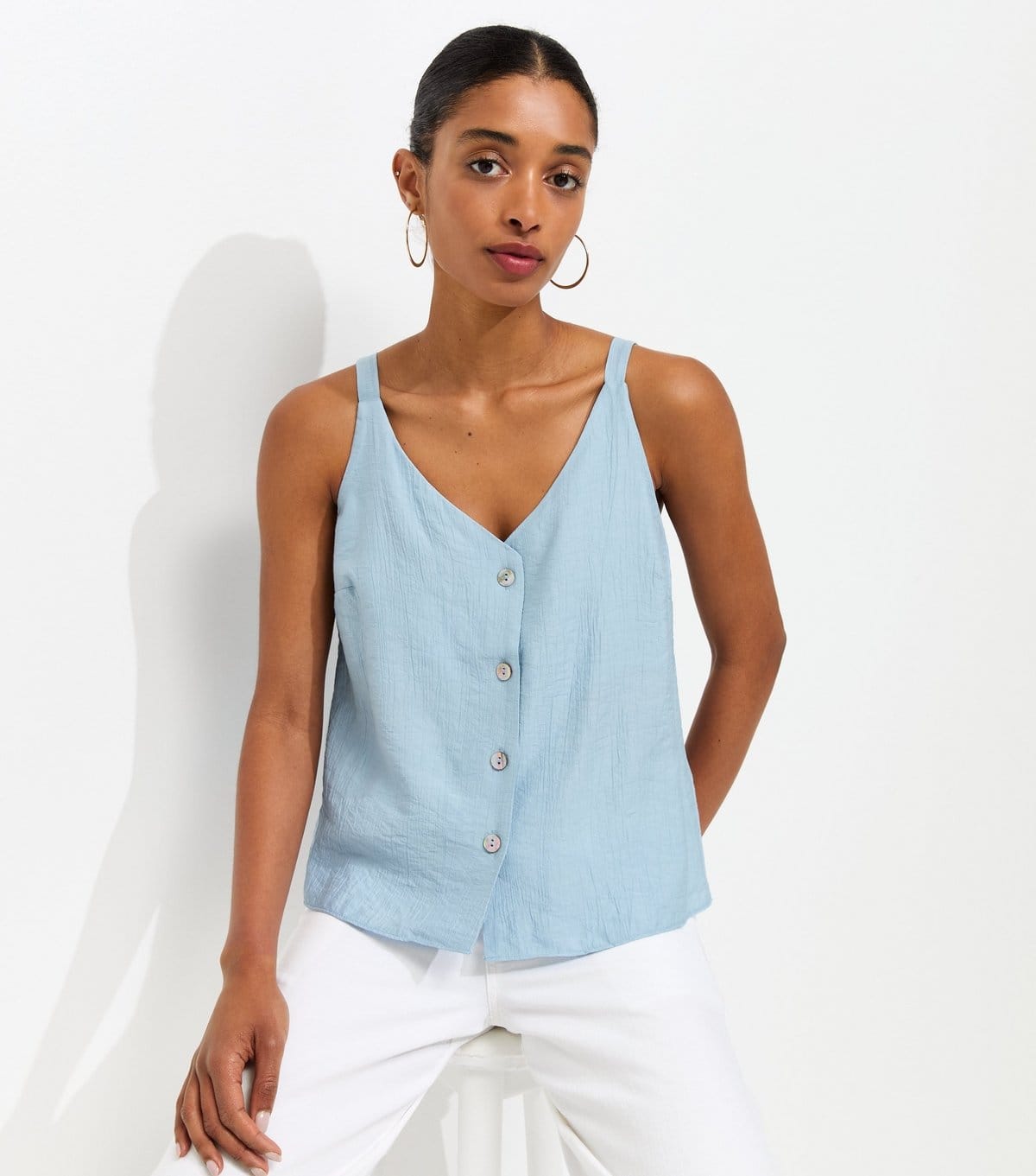 Women's Light Blue Button Front V-Neck Cami Top New Look