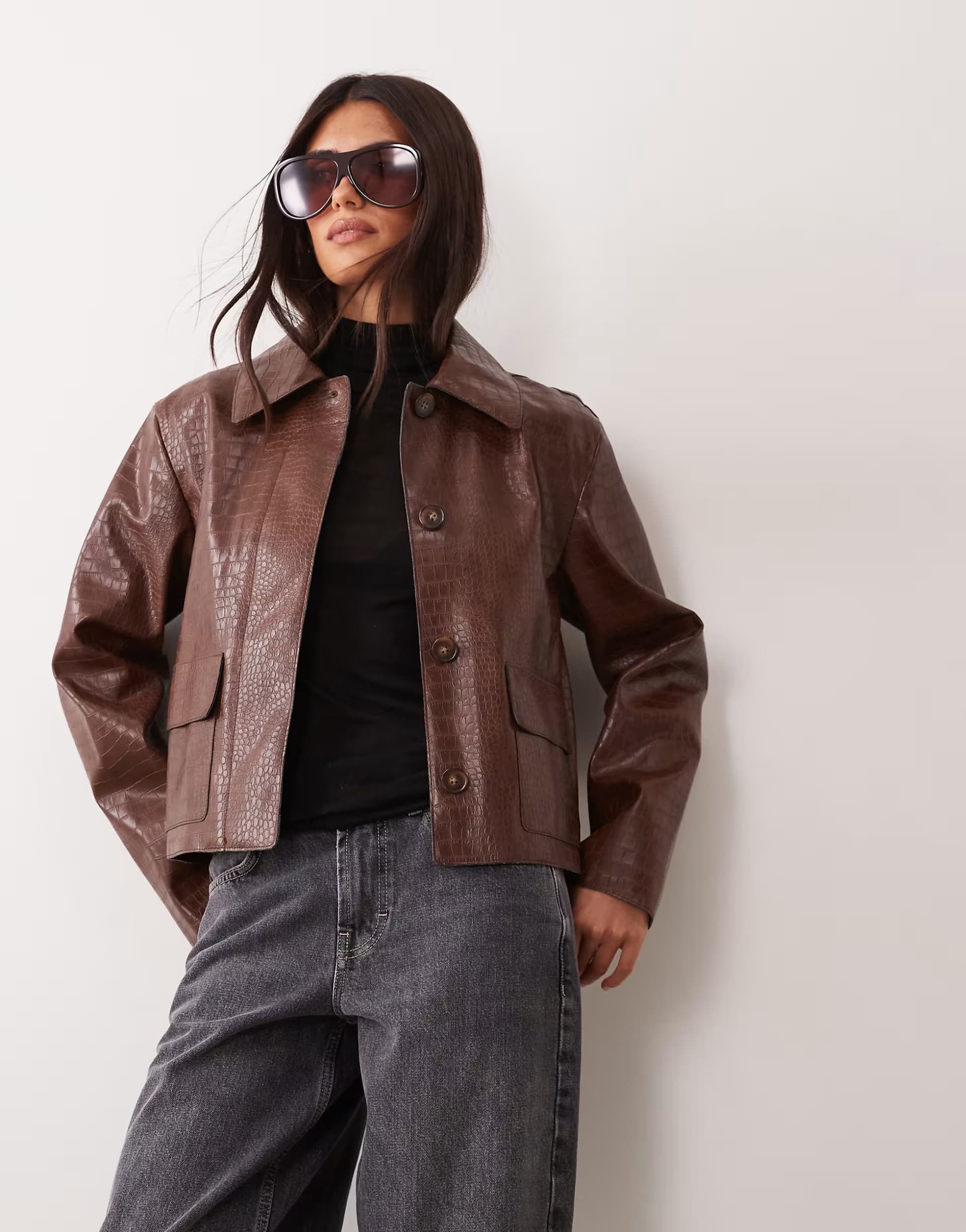 ASOS Mango faux croc leather jacket in brown 