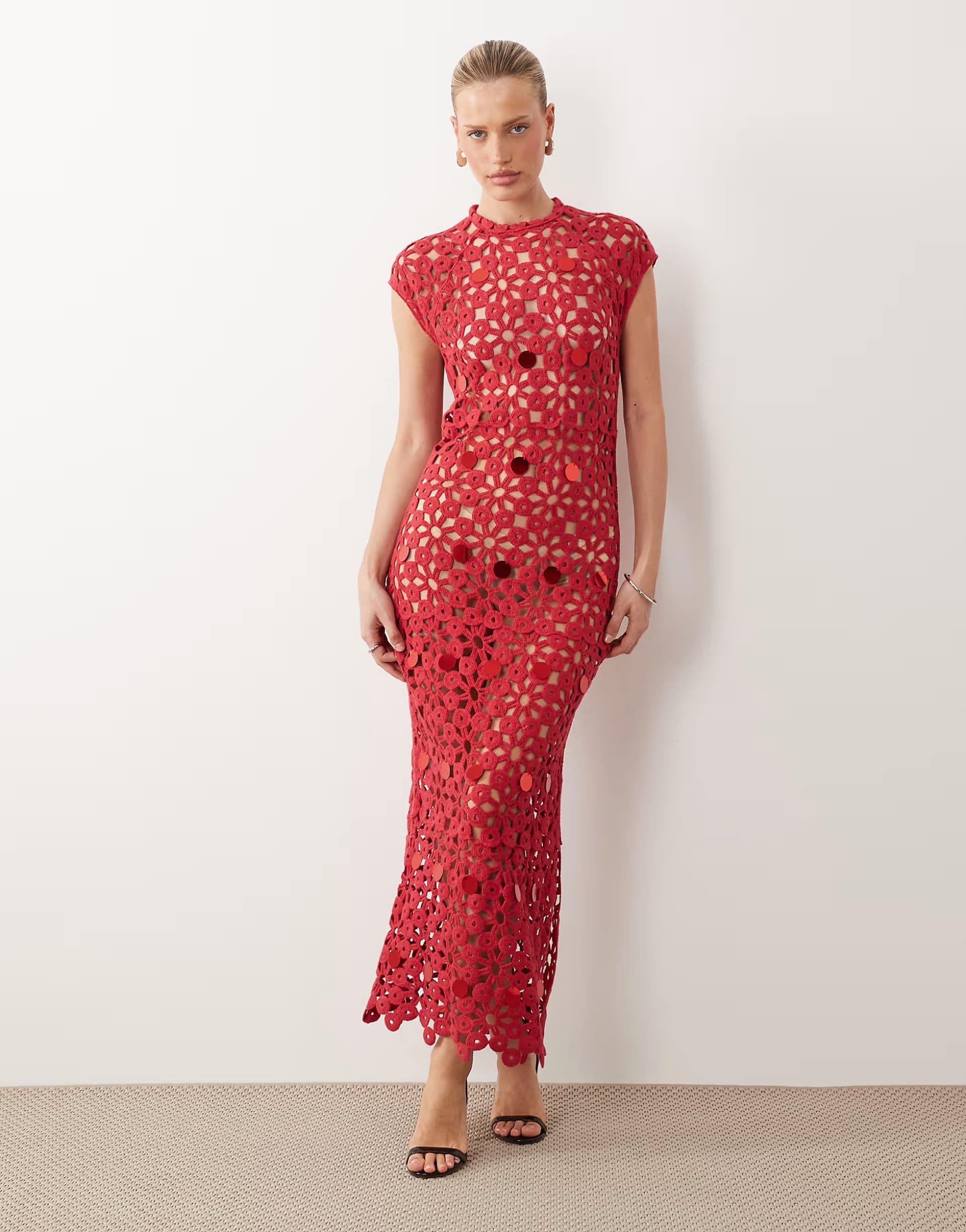 ASOS ASOS DESIGN crochet open back maxi dress with sequins in red