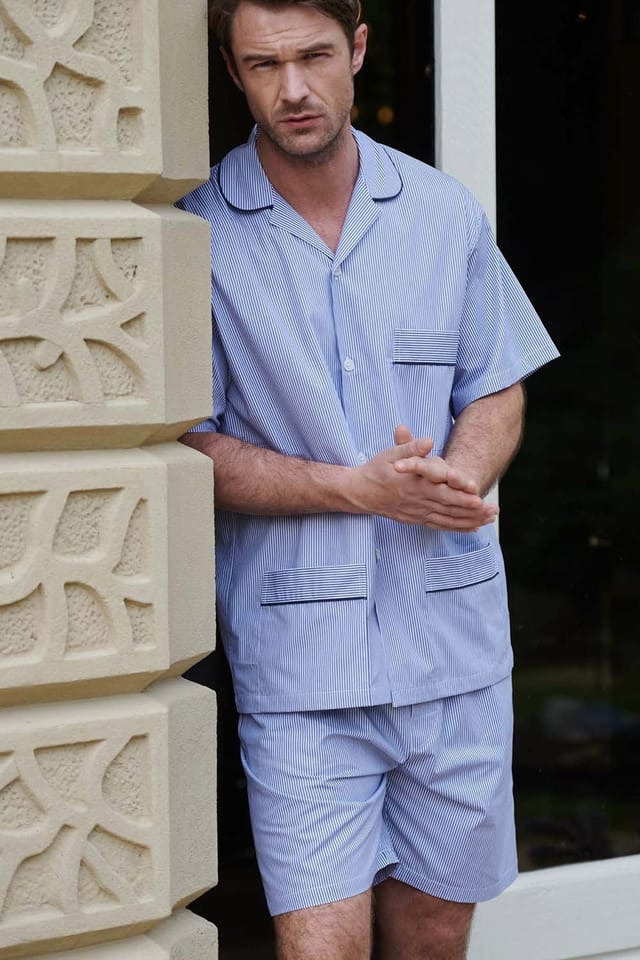 British Boxers British Boxers Men's "Navy Pinstripe" Crisp Cotton Short Pyjama Set in Mid Navy - 2