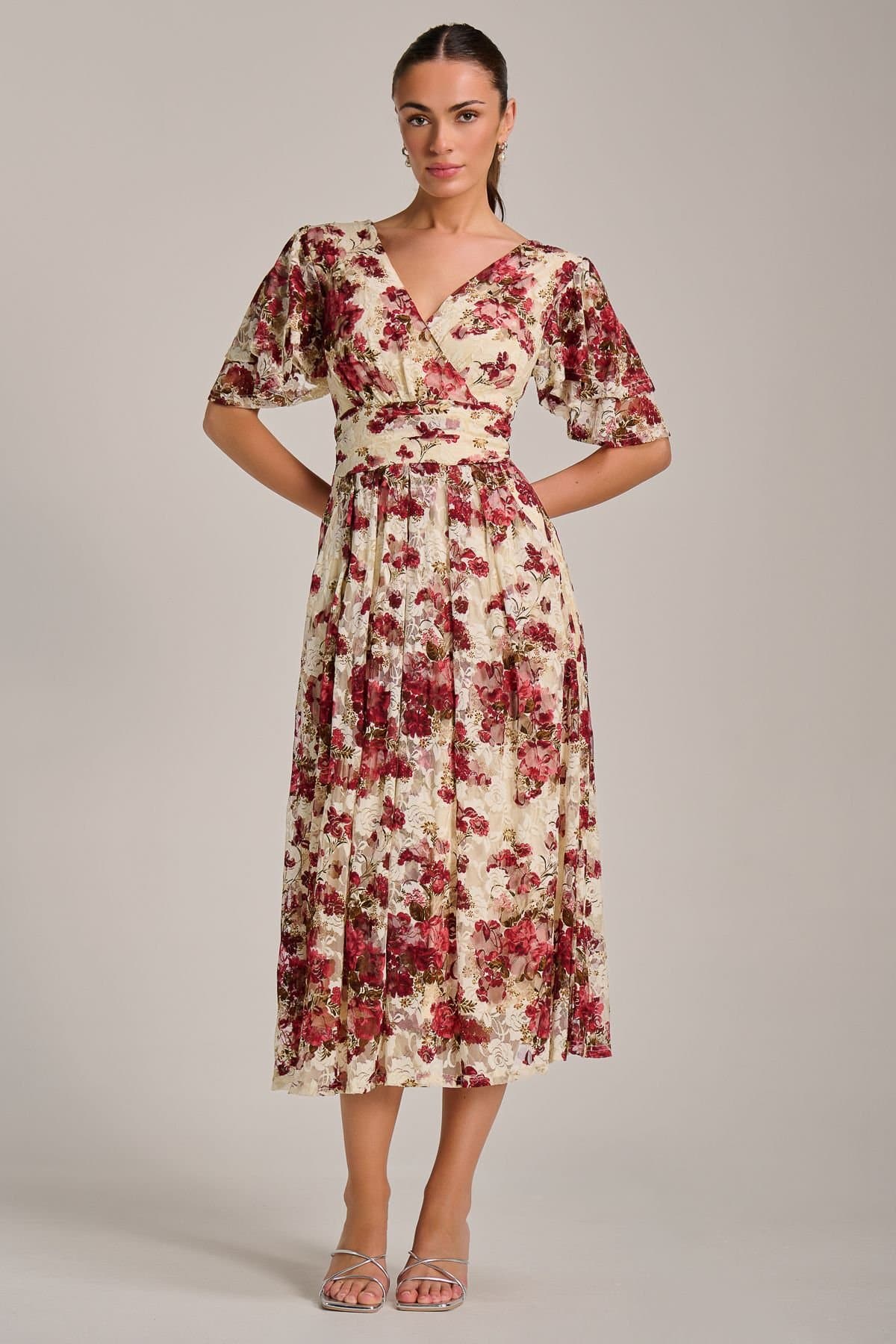Jolie Moi Jolie Moi Women's Angel Sleeve Print Lace Maxi Dress in Beige