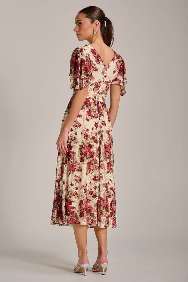 Jolie Moi Jolie Moi Women's Angel Sleeve Print Lace Maxi Dress in Beige - 2