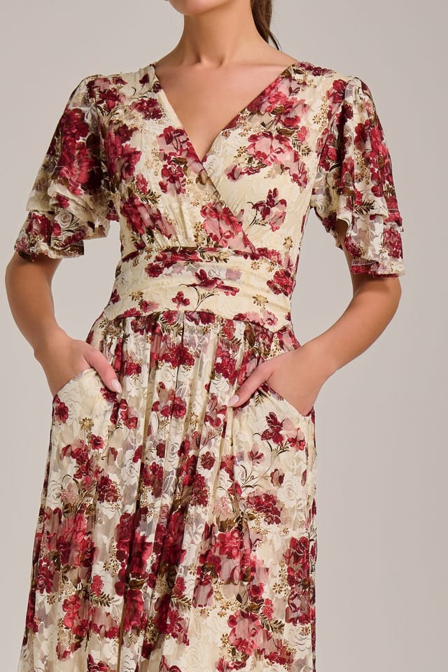 Jolie Moi Jolie Moi Women's Angel Sleeve Print Lace Maxi Dress in Beige - 3