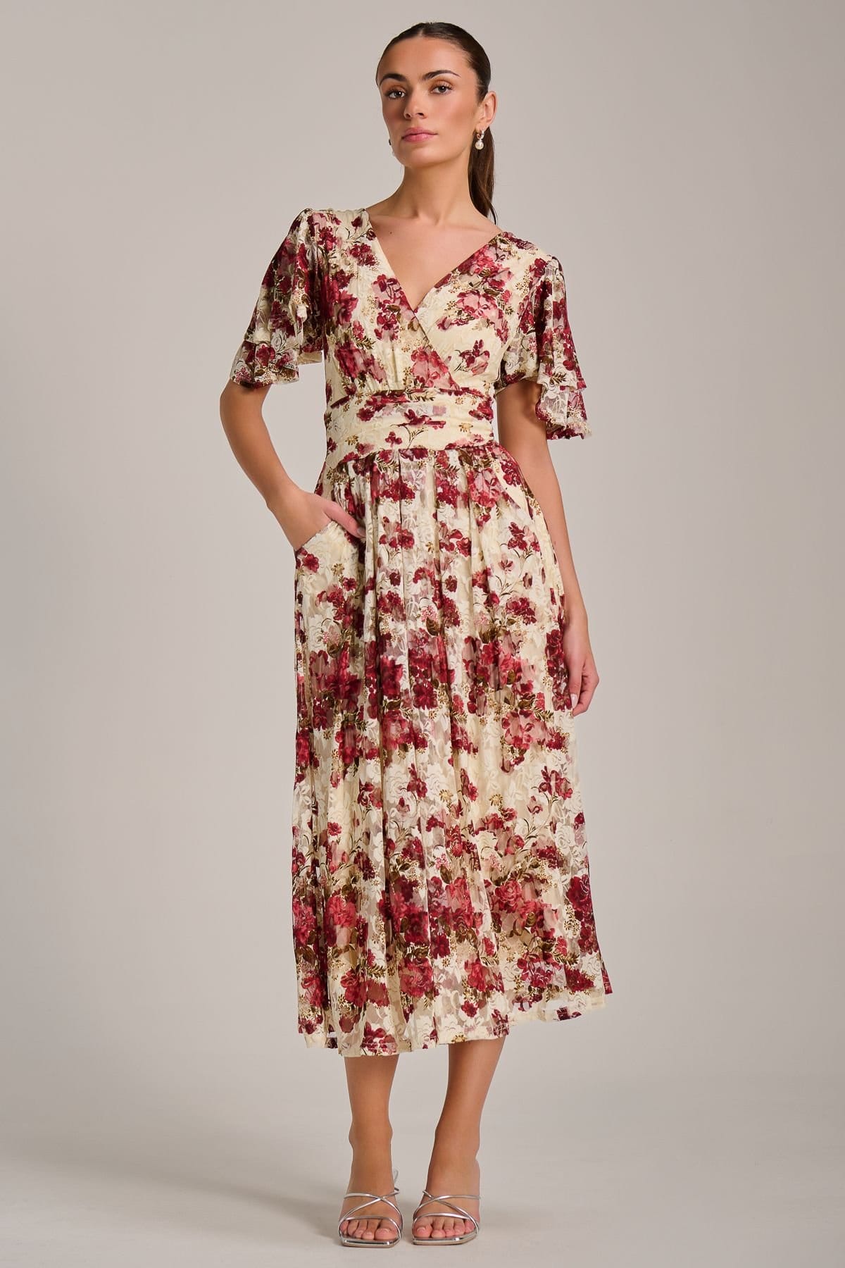 Jolie Moi Jolie Moi Women's Angel Sleeve Print Lace Maxi Dress in Beige - 4