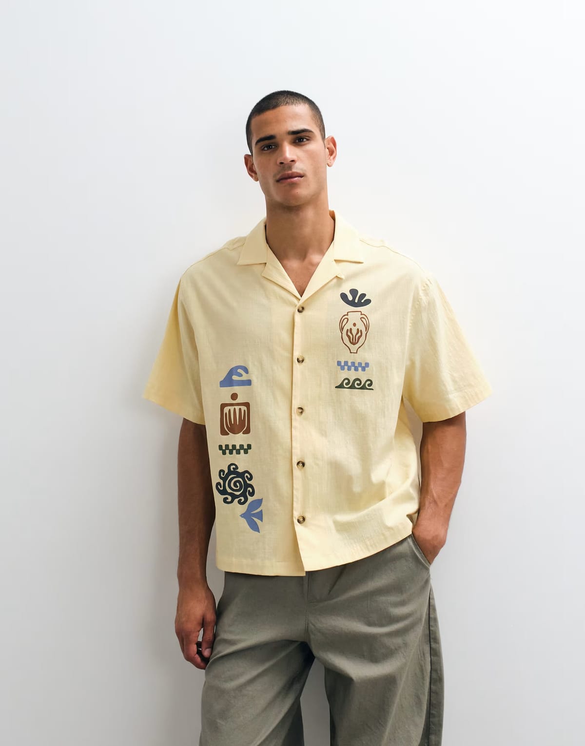 ASOS ASOS DESIGN boxy oversized revere shirt with placement print in yellow - 1