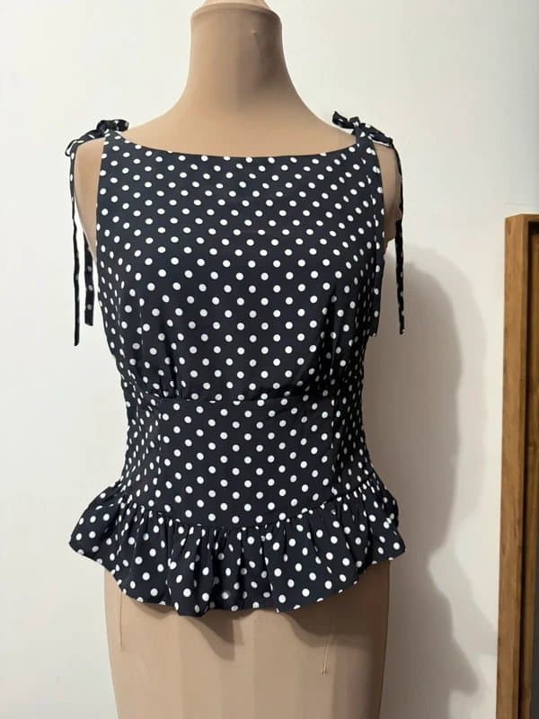 ASOS Design shoulder tie ribbon cinched waist polka dots spots black white retro cami vest top size 10