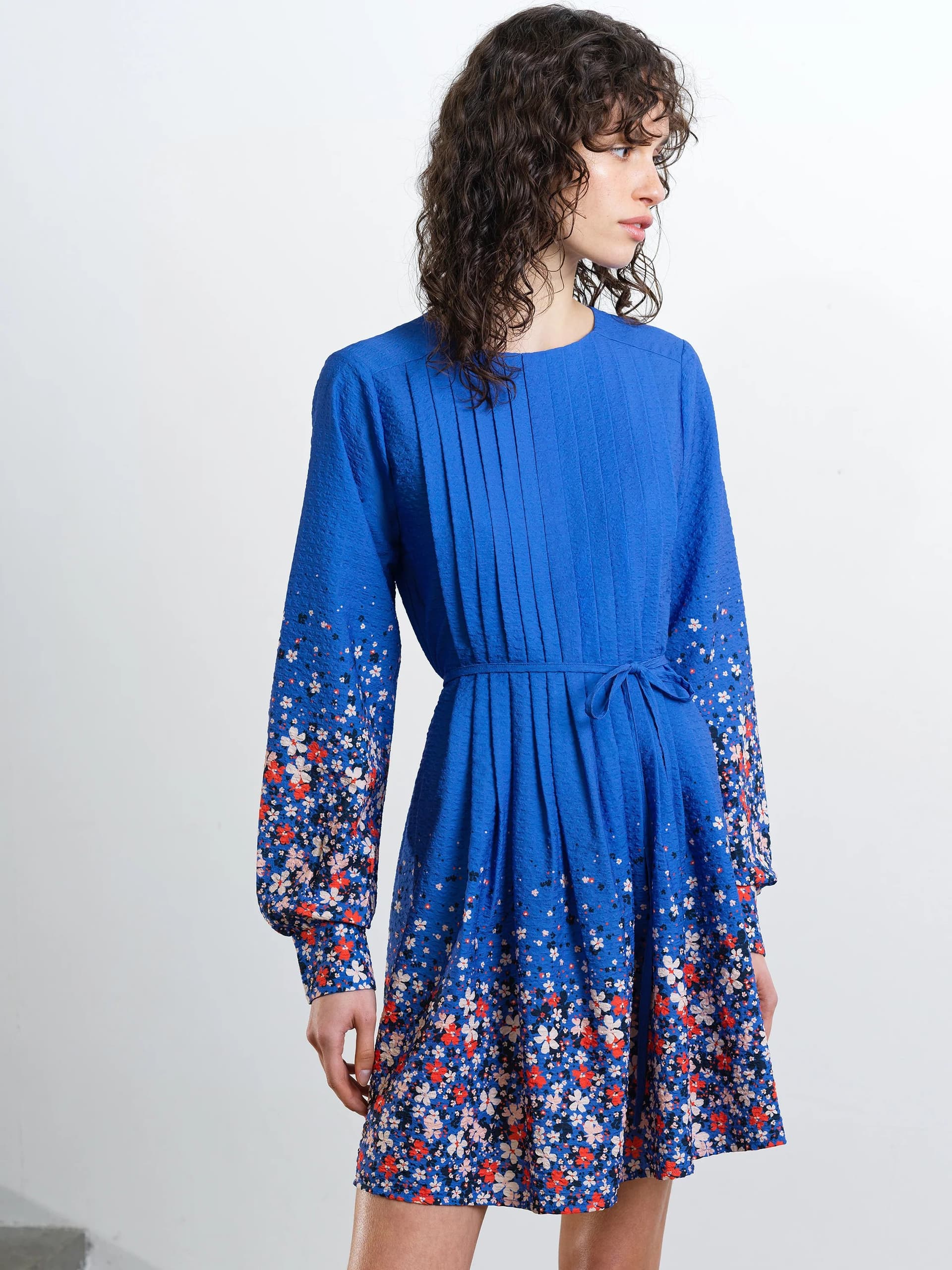 French Connection Lucy Milani Pintuck Belted Smock Dress Blue Multi