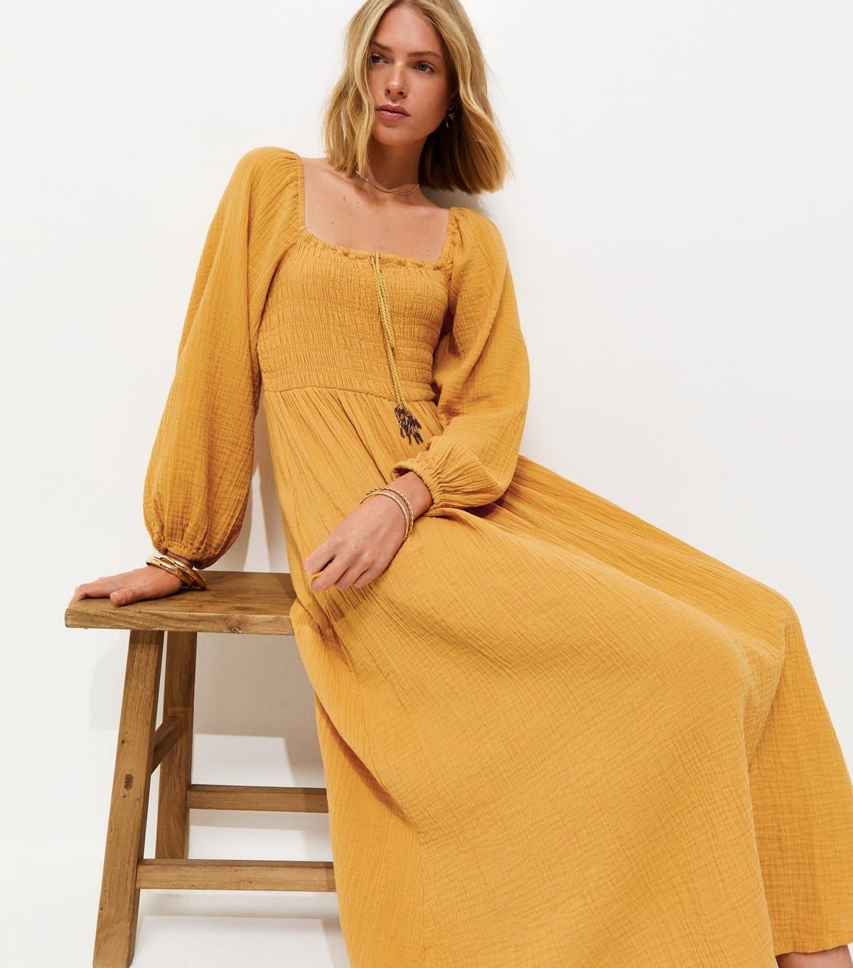 New Look Women's Dark Yellow Cotton Shirred Milkmaid Midi Dress New Look